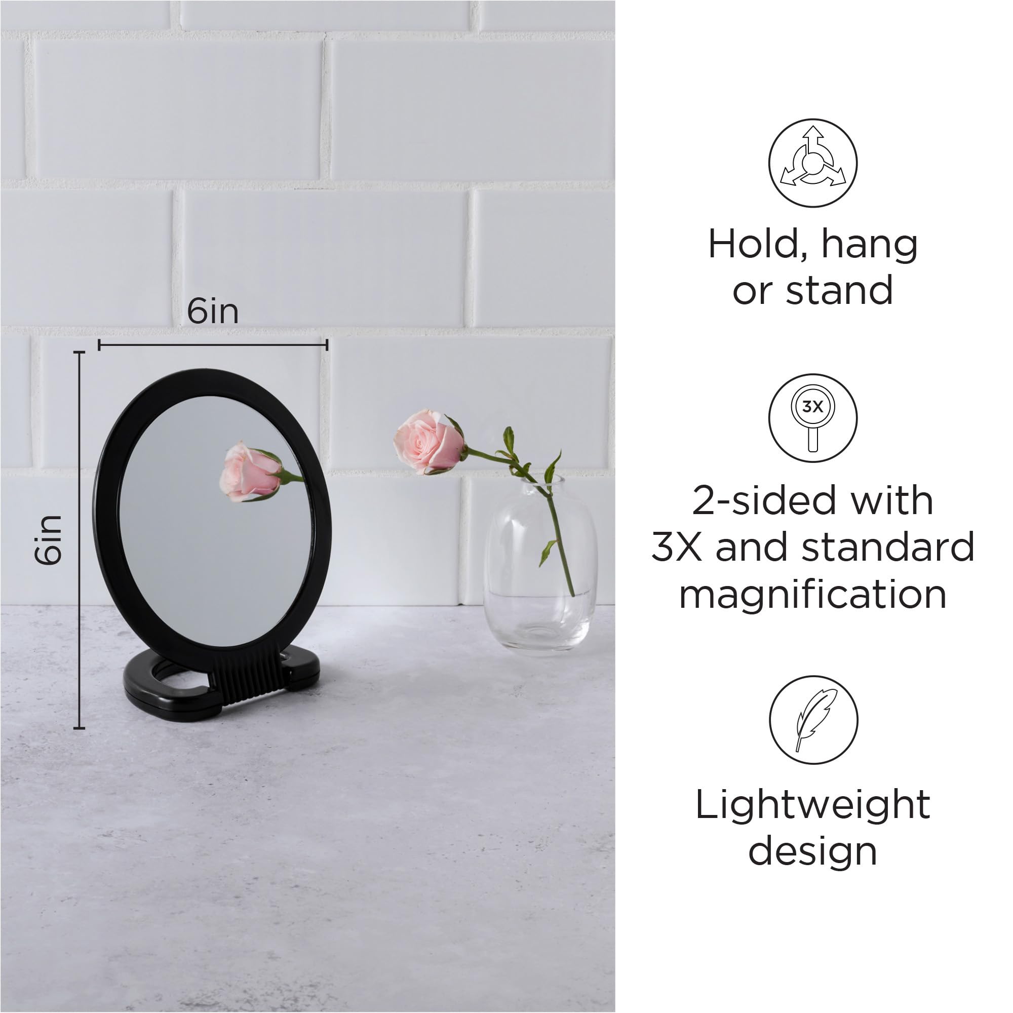 Diane Hand Mirror with Stand with 1X and 3X Magnification, Double-Sided Hand Held Mirror with Handle for Salon, Barber, Vanity,