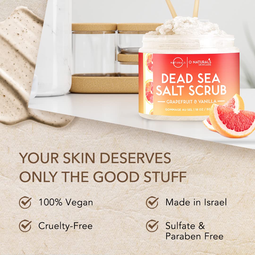 O Naturals Exfoliating Dead Sea Salt grapefruit Essential Oil Face Body & Foot Scrub wVanilla & Hydrating Exfoliate Dead Skin, M