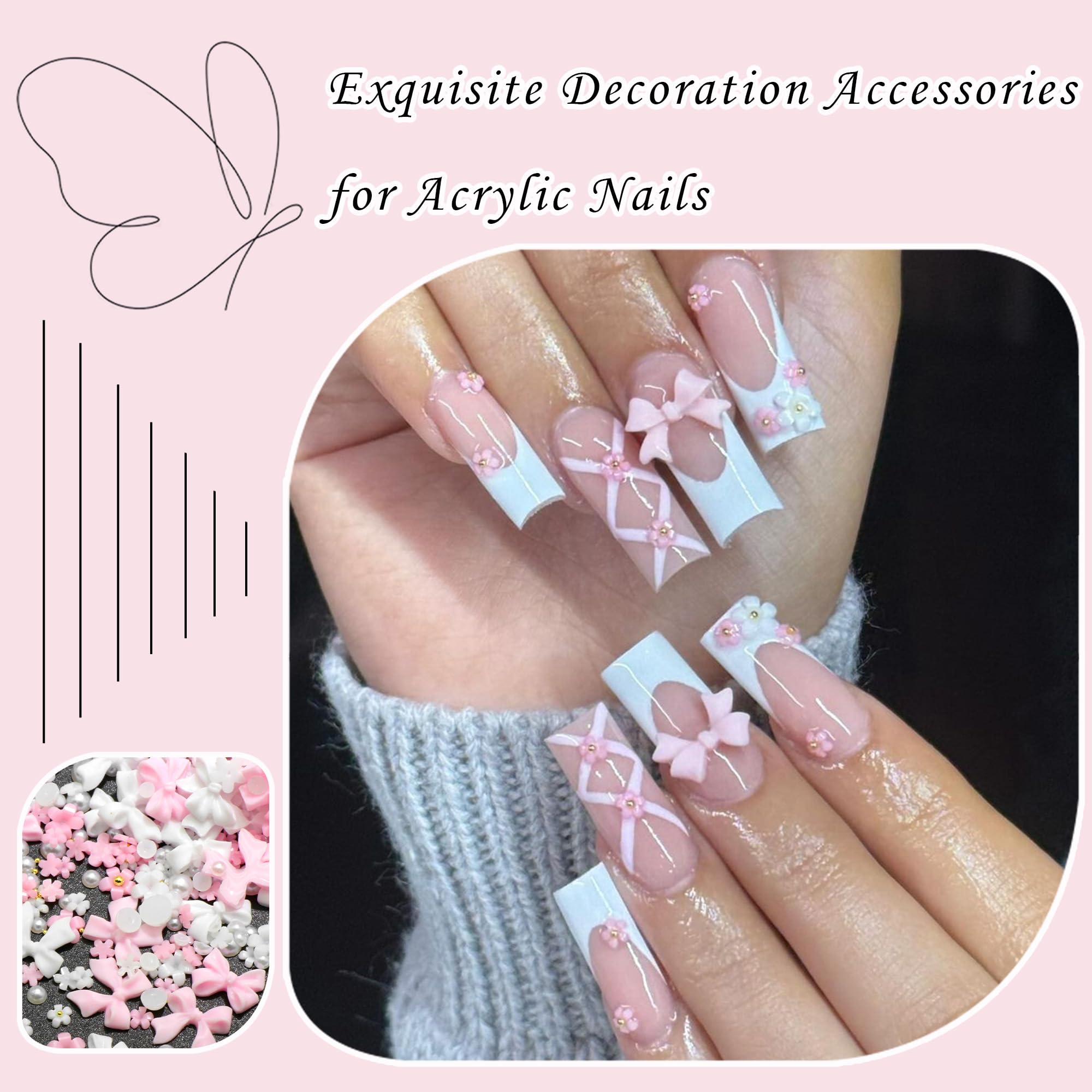 600Pcs Bow Nail Charms And Flatback Pearls,White Pink Bowknot 3D Cute Nail Charms Acrylic Flower For Nail Supplies Design,White