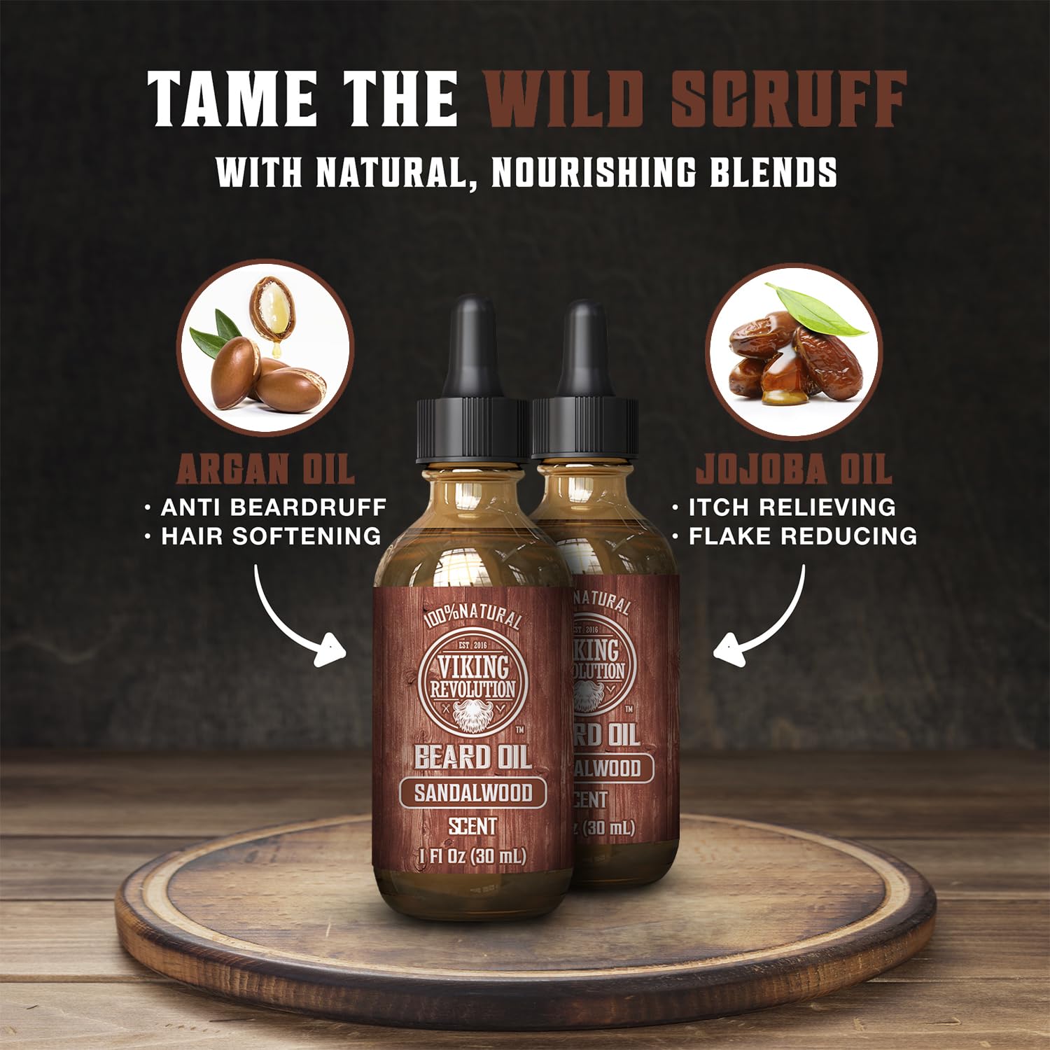 Viking Revolution Sandalwood Beard Oil for Men - Natural Mens Beard Oil with Argan Oil and Jojoba Oil - Beard Softener, Strength