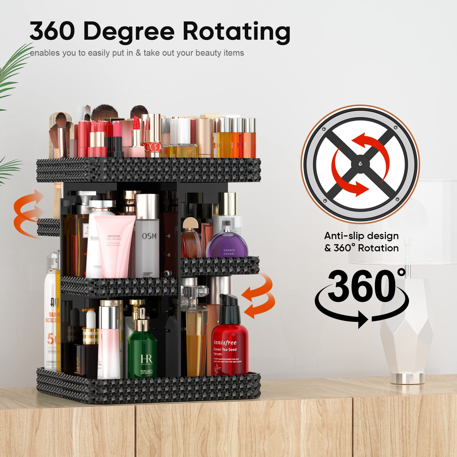 Dalemky 360 Rotating Makeup Organizer Black - Large Acrylic Makeup Organizers And Storage For Vanity, Cosmetic Organizer Counter