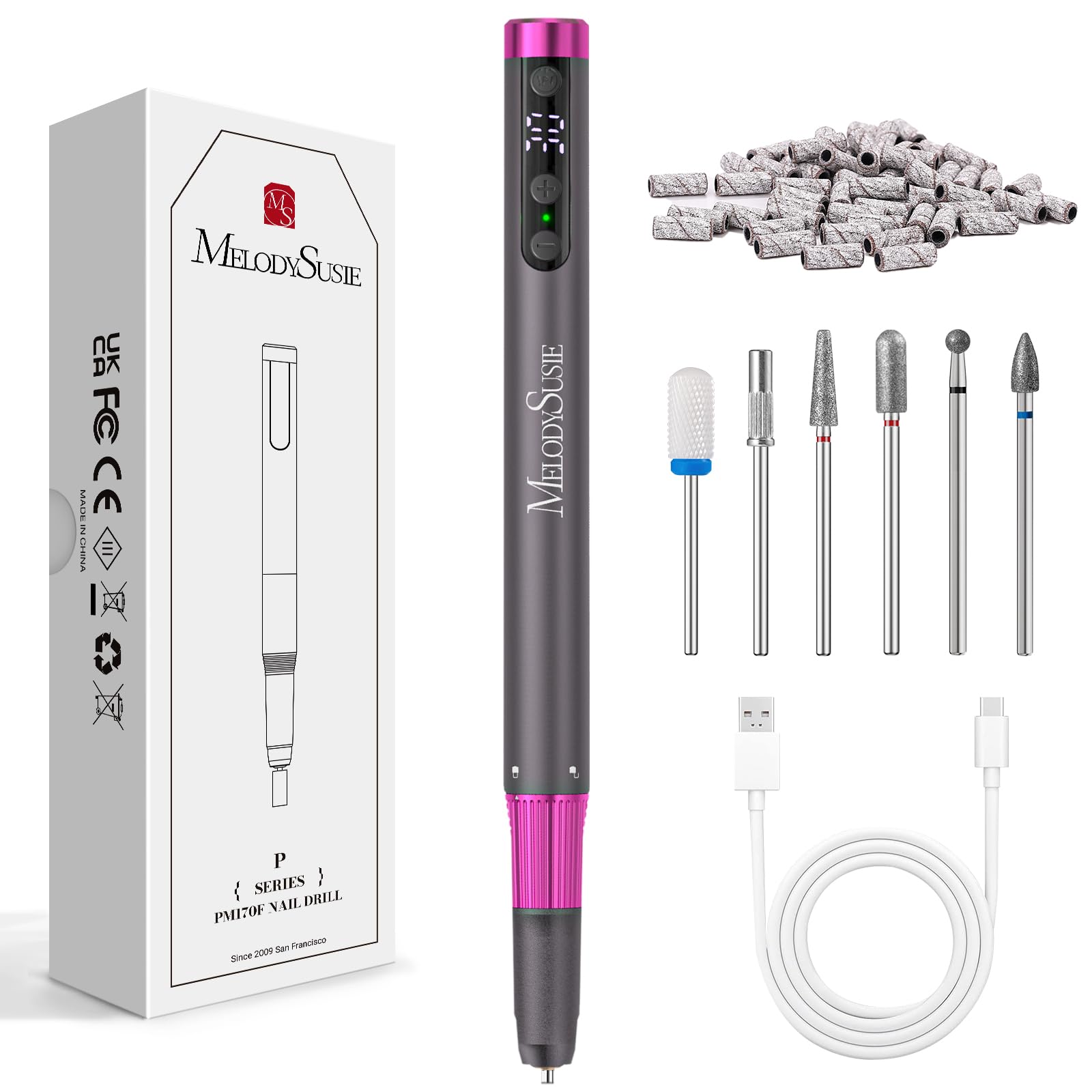 MelodySusie Pen-Shaped Ultra-Slim Cordless Nail Drill,PM180G 30000RPM Portable Rechargeable Electric File with Rotary Lock Desig