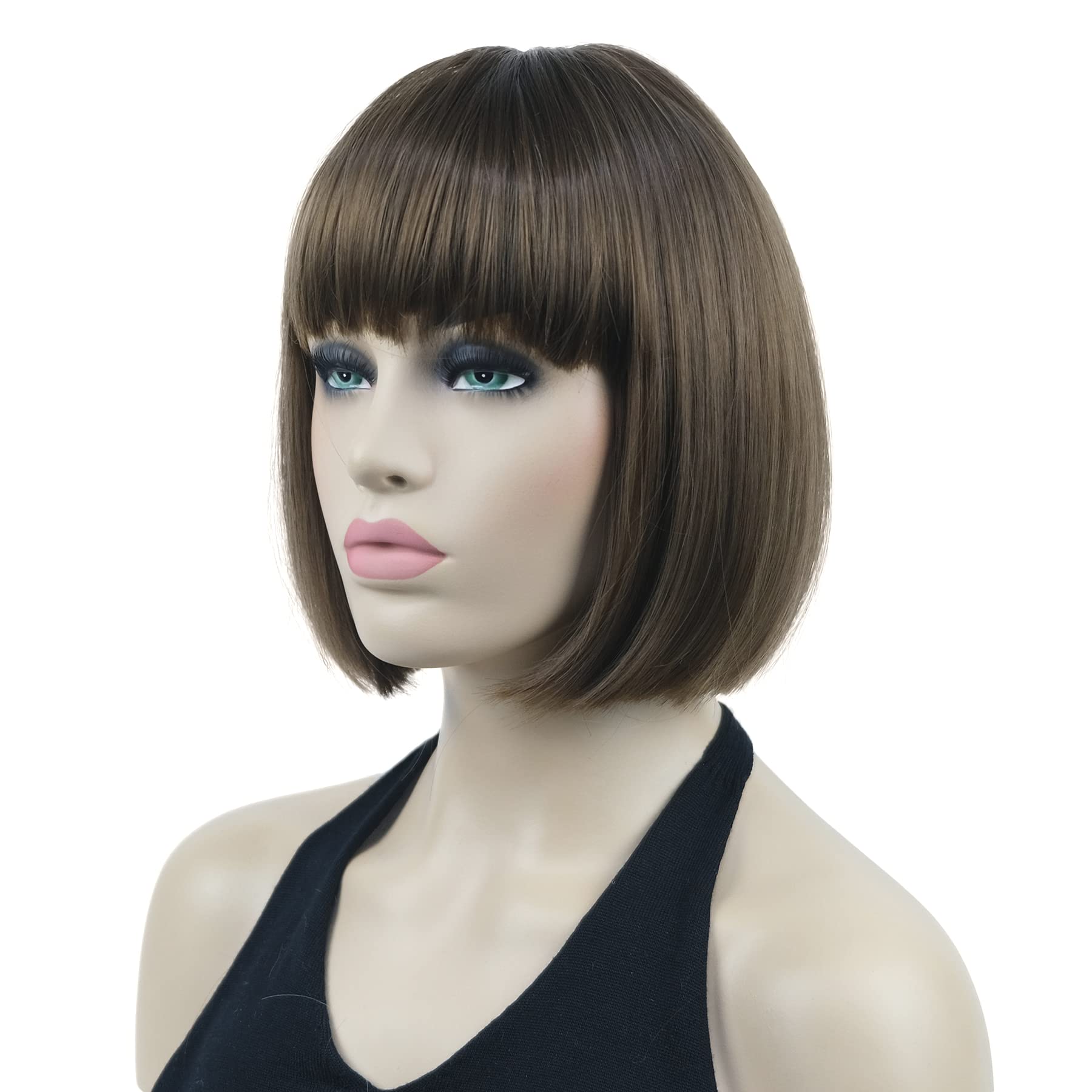 Lydell 8'' Straight Short Bob Wigs Heat Resistant Synthetic Hair Flat Bangs Cute Central Dot Skin (10 Medium Golden Brown)