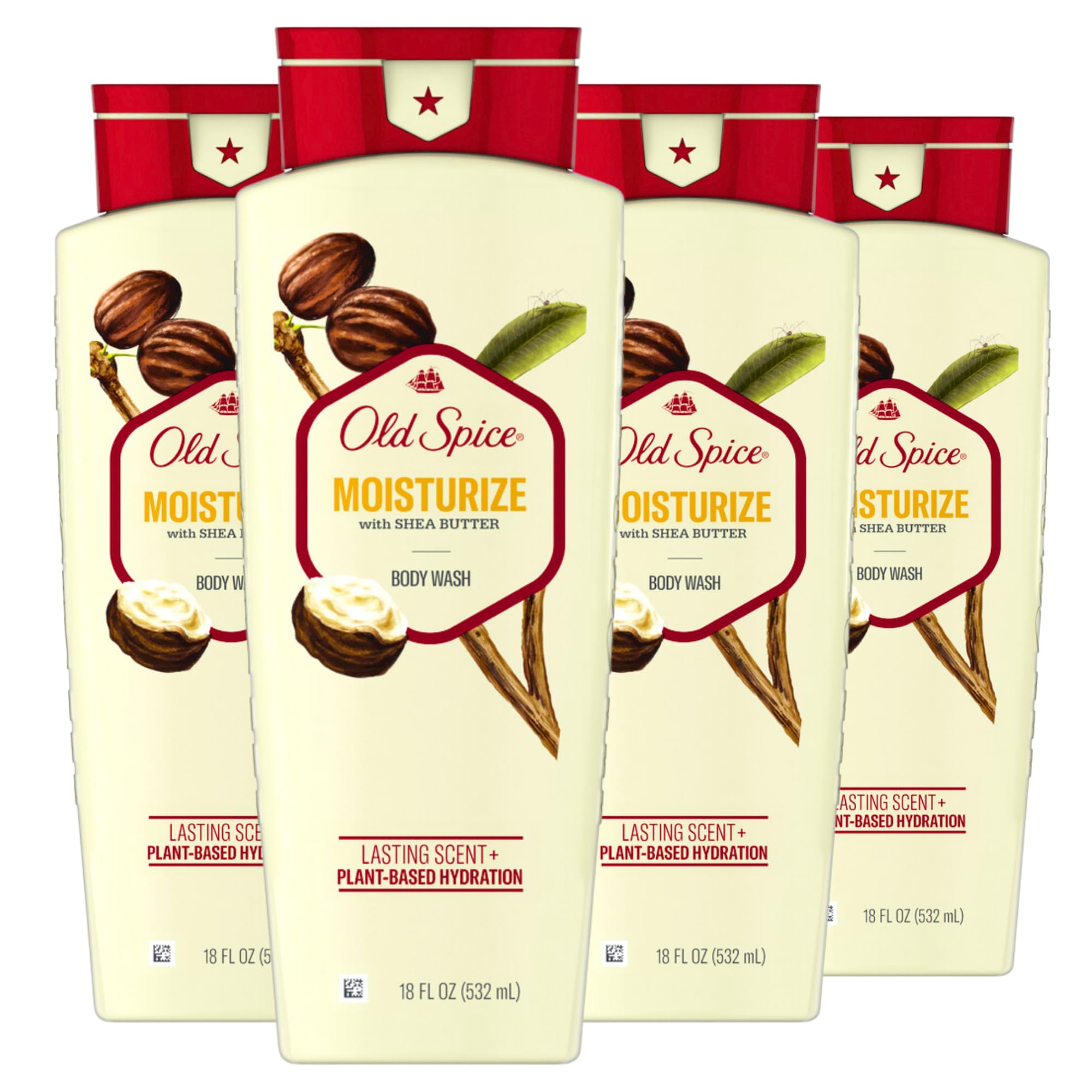 Old Spice Men 'S Body Wash Moisturize With Shea Butter, Lasting Scent, 24/7 Shower Freshness, Hydration, 18 Oz (Pack Of 4)