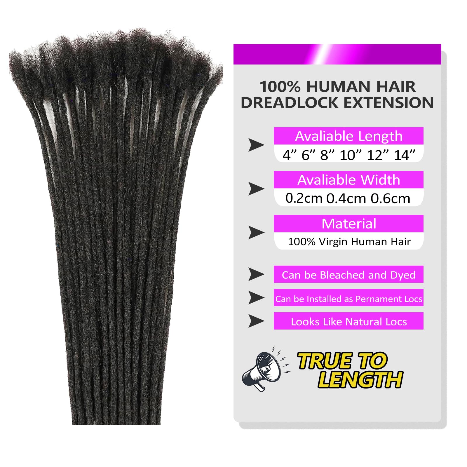 4 inch 0.6 cm Dreadlock Extensions Human Hair, 30 Strands Loc Extensions Human Hair for Women/Men/Kids