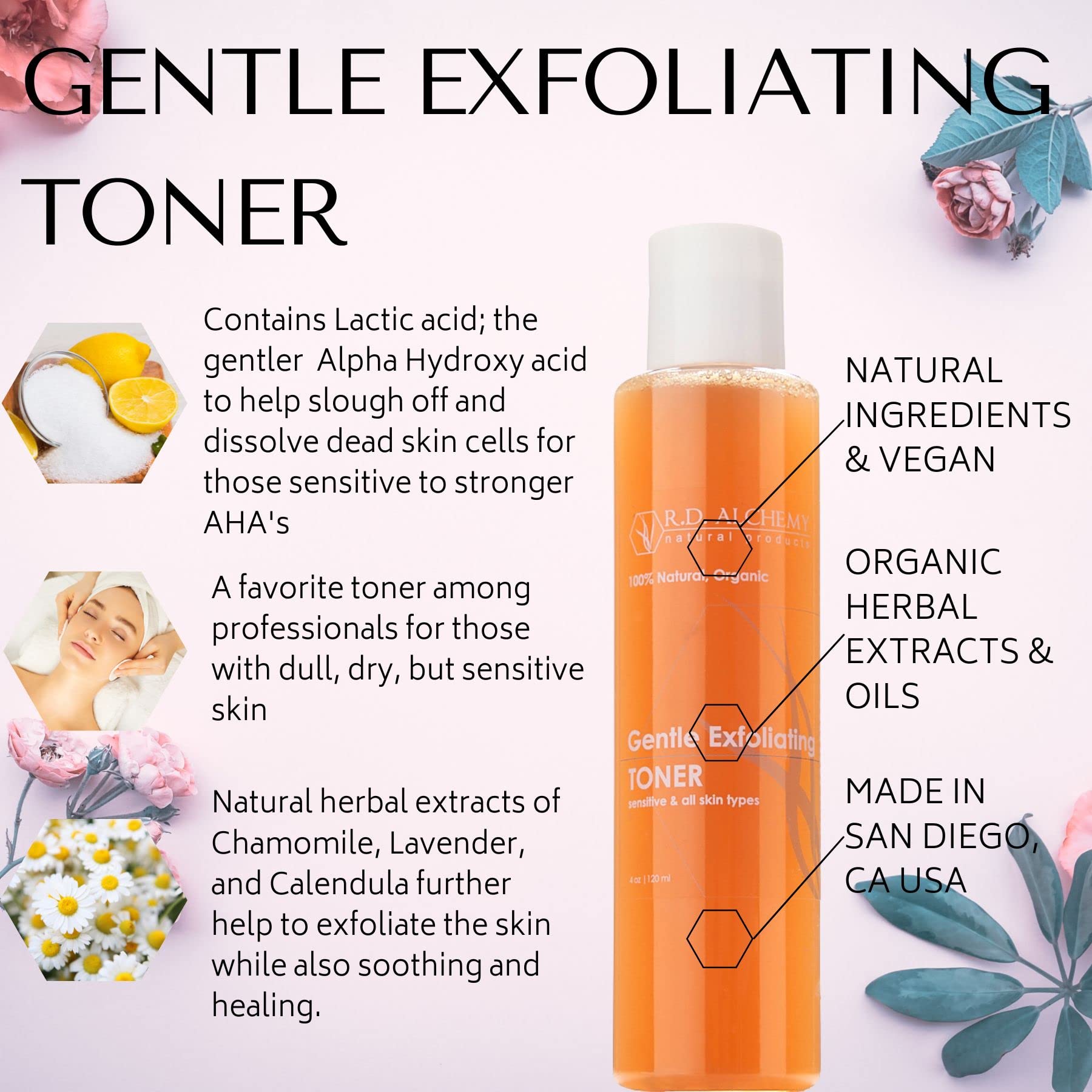 100% Natural & Organic Gentle Exfoliating Toner. Best Toner for Dull, Dry and Drab Skin. Remove Dead Skin Cells & Improve Skin T