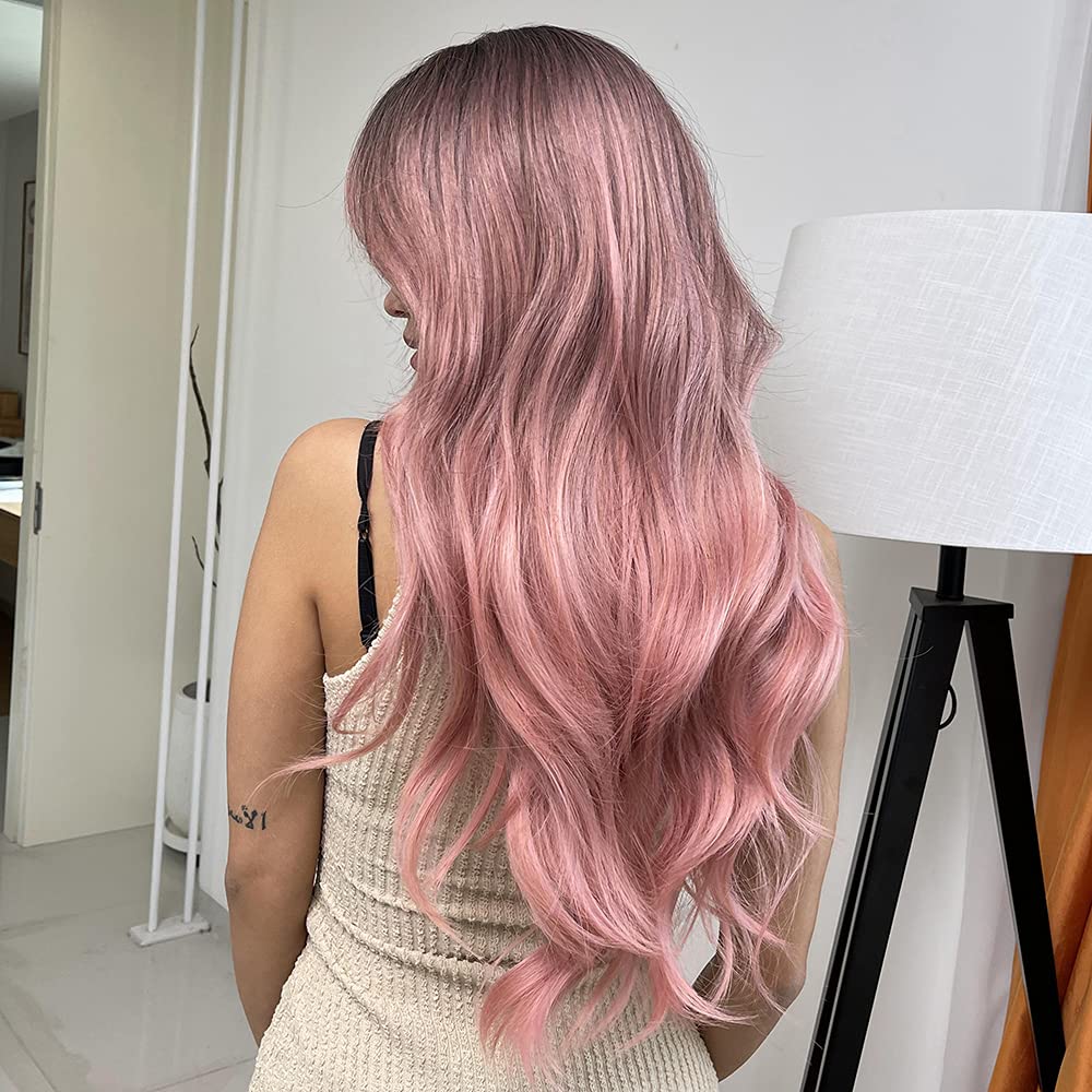 Jooler Pink Wig With Bangs Ombre Pink Wigs For Women Long Wavy Wigs Cute Pink Light Cosplay Party Wig Heat Resistant Dark Roots