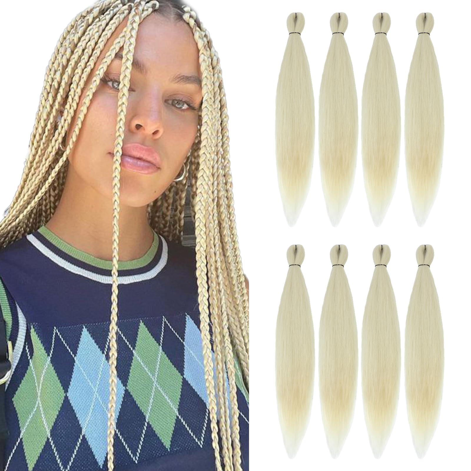 Difunee Pre-Stretched Braiding Hair - 24 Inch 8 Packs Off-White Long Braiding Hair For Twist Or Box Braids, Yaki Texture Hot Wat