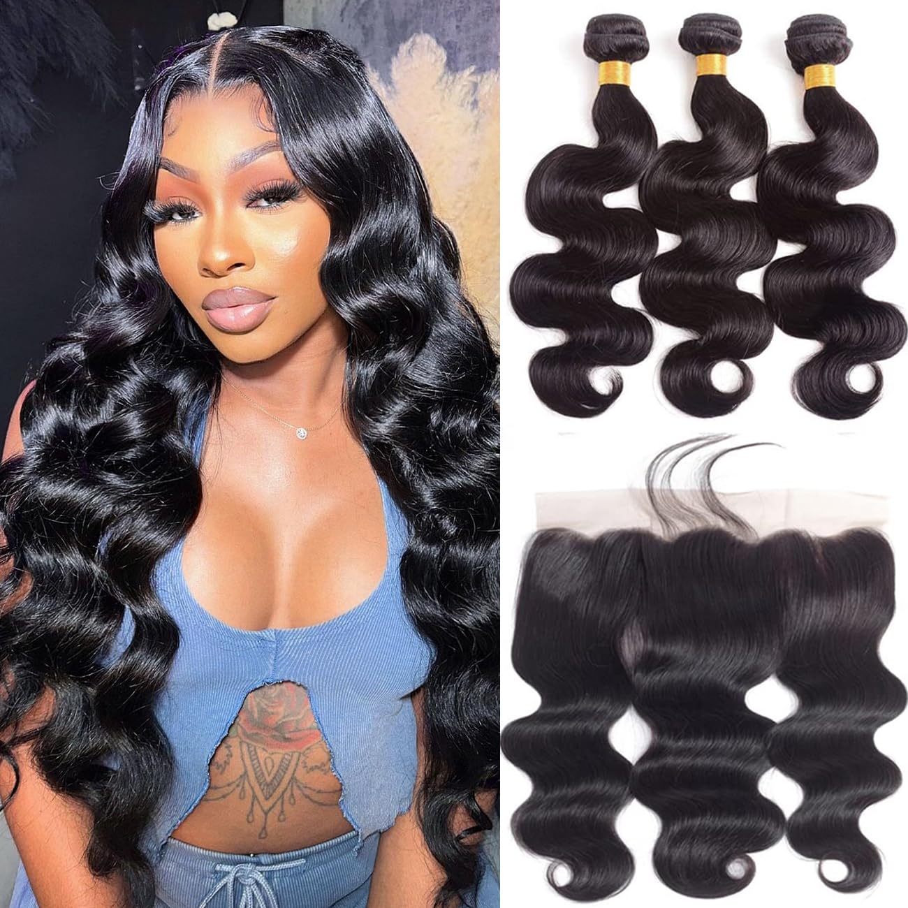 Ralisa Human Hair Bundles Body Wave Hair Bundles with Frontal Body Wave Bundles with Closure (16 18 18+14in) Human Hair Frontal 