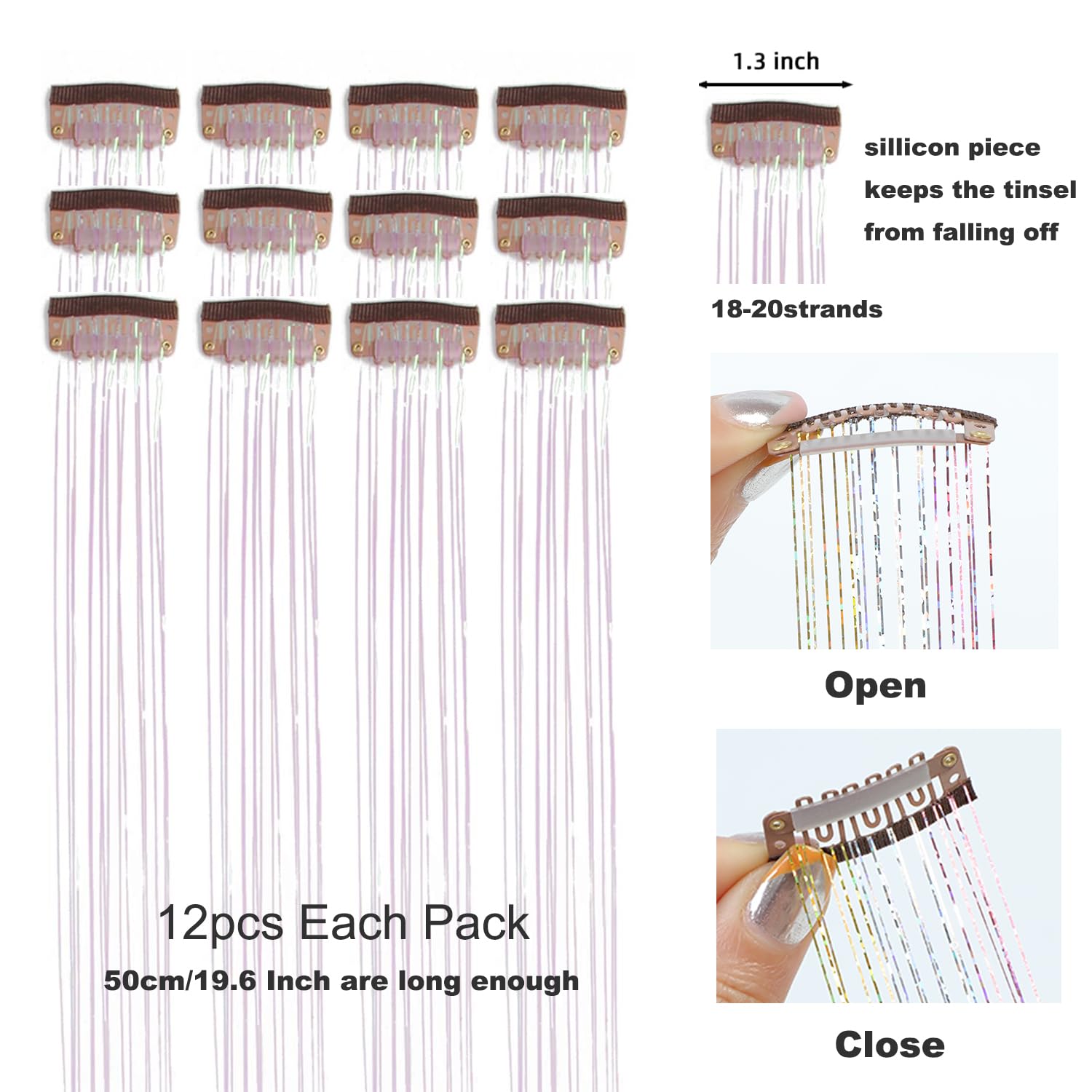 Yooonxi 12Pcs Hair Tinsel Clip In 19.6Inch Glitter Tinsel Hair Extensions Clip In Hair Tinsel Kit Heat Resistant Shiny Sparkle F