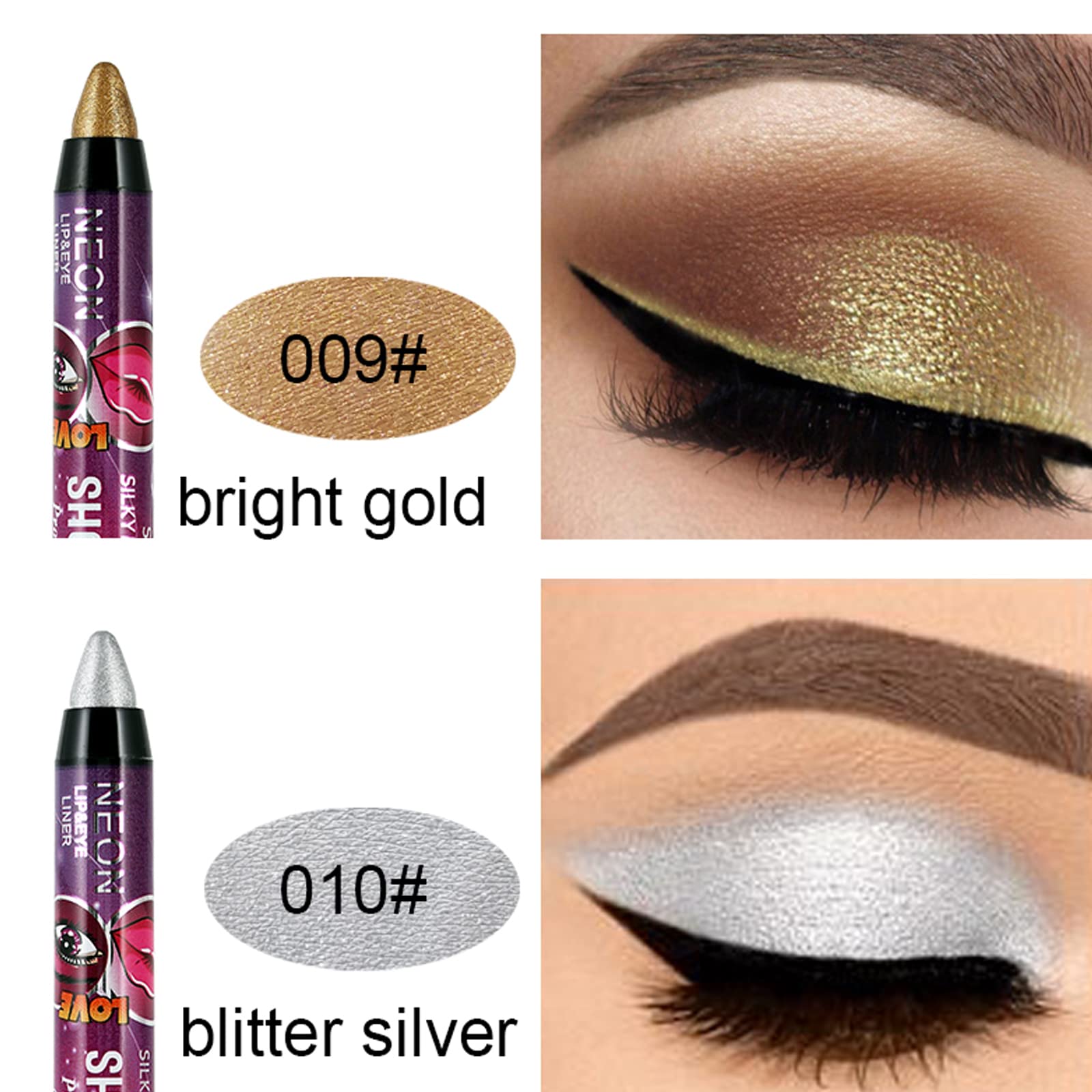 Meicoly 12 Pcs Eyeshadow Stick,Cream Smokey Eyeshadow Metallic Shimmer Crayon,Silver Eye Brightener Stick,Pro Waterproof & Long