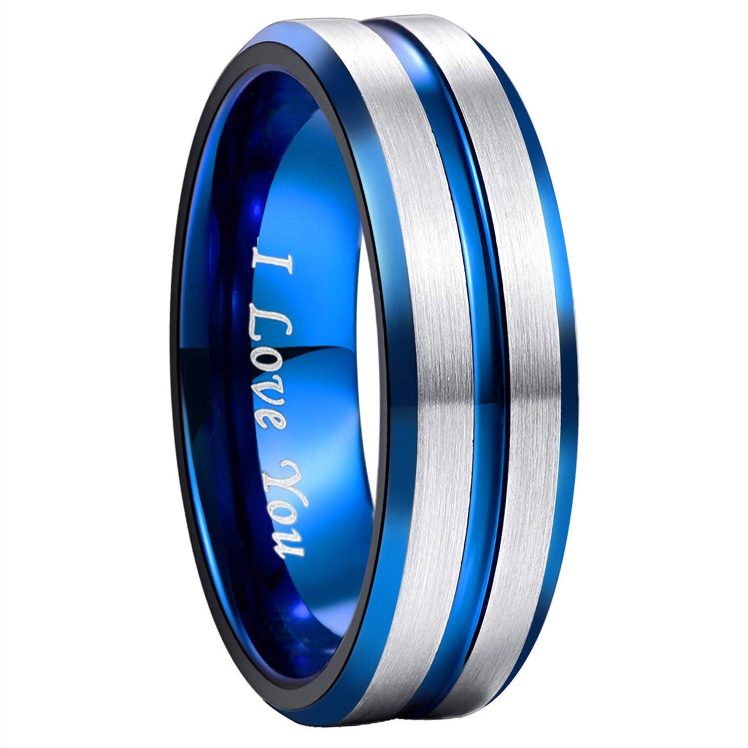 Greenpod 8mm Tungsten Ring for Men Blue Thin Groove Line Dome Brushed Engraved I Love You Comfort Fit Wedding Band Size 10
