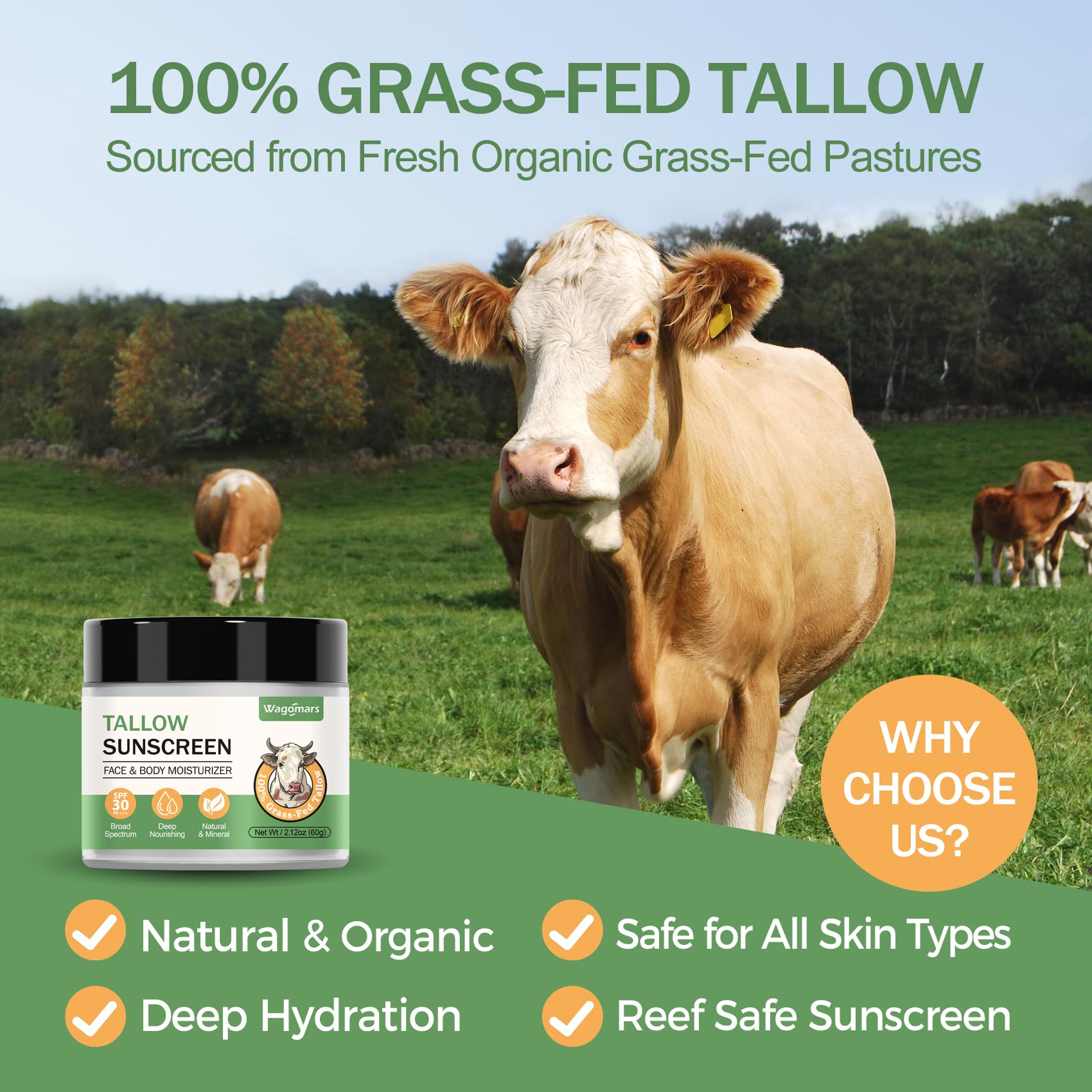Wagomars Tallow Sunscreen SPF 30 - Non-Toxic Natural Mineral Sunscreen with Zinc Oxide & Beef Tallow - Organic Reef Safe Sunbloc