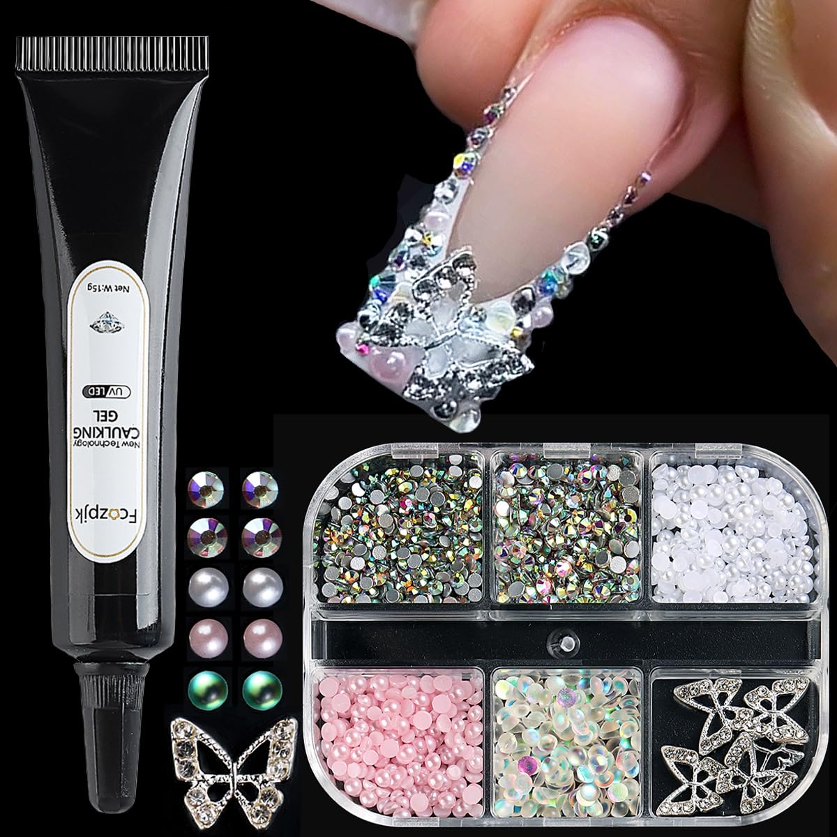 3D Silver Butterfly Nail Charms Kit, Small Size Metal Diamond Butterfly Rhinestones for Nails, Small Flat Back Nail Gems and Rhi