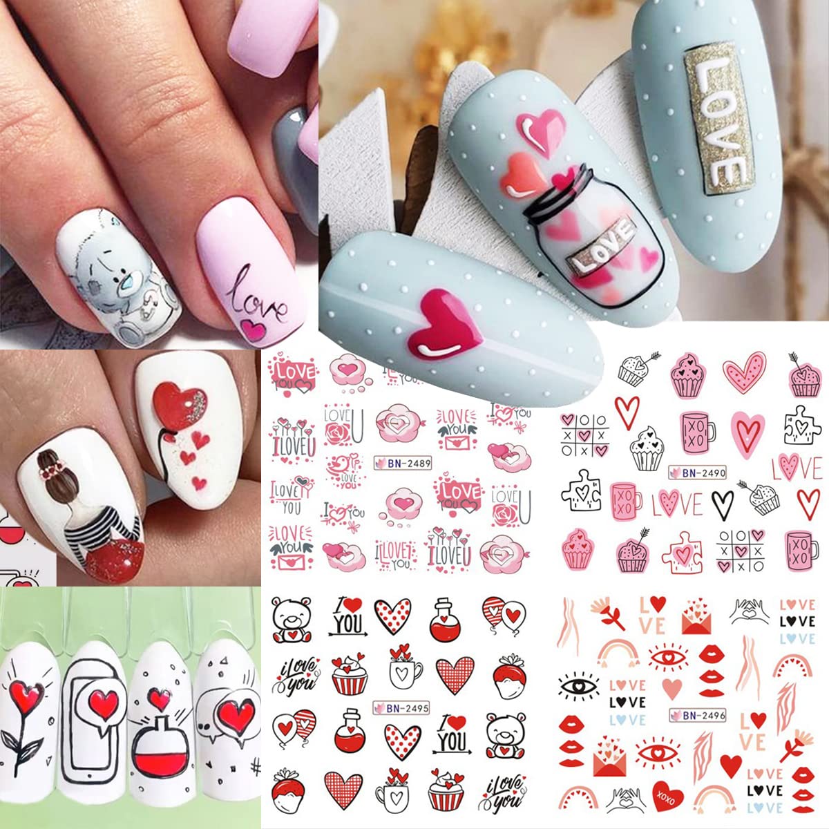 24Pcs Valentine 'S Day Nail Art Stickers - Heart Nail Water Decals Transfer Foils Valentine 'S Series Sticker For Nails Red Love