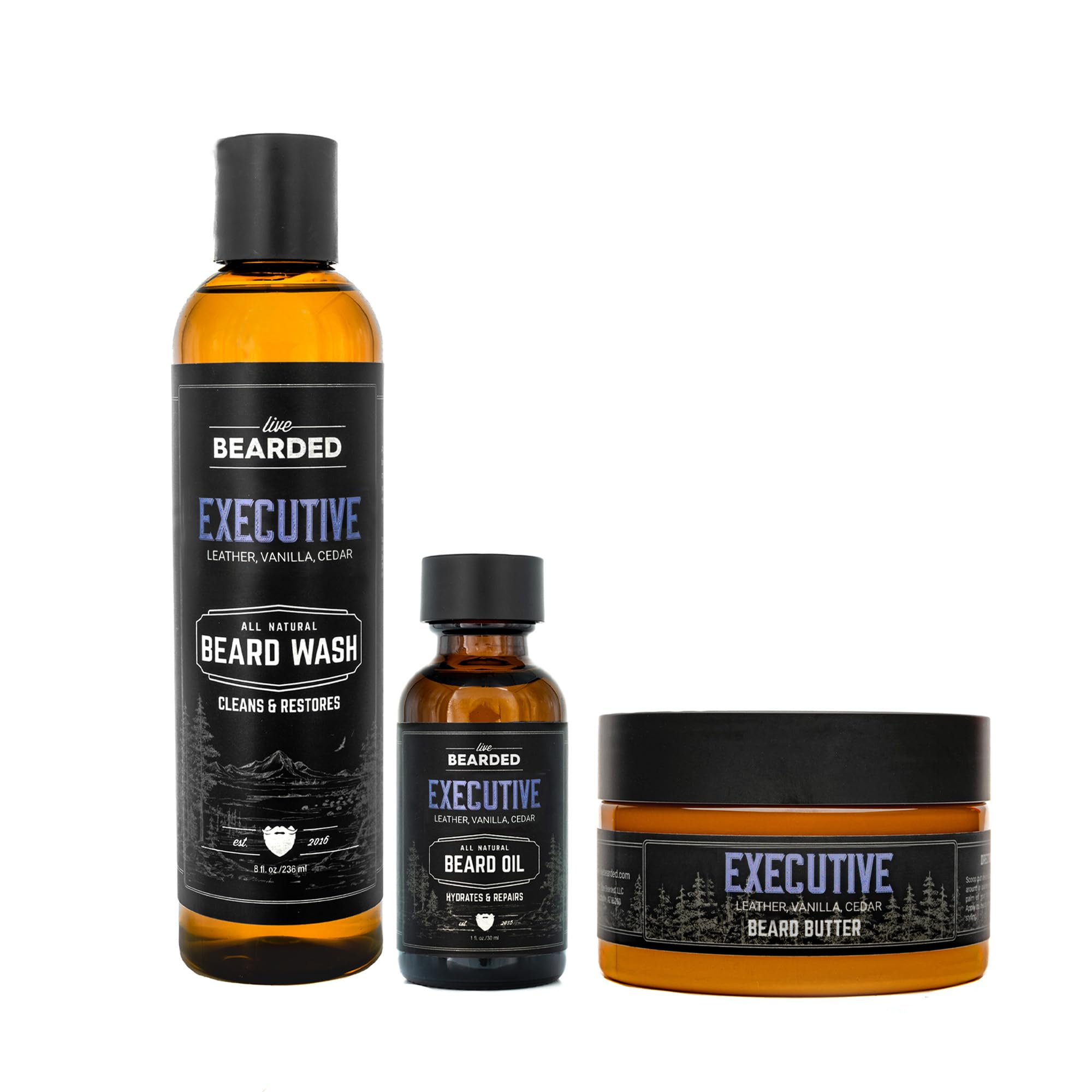 Live Bearded: 3-Step Beard Grooming Kit - Executive - Beard Wash, Beard Oil And Beard Butter - All-Natural Ingredients With Shea