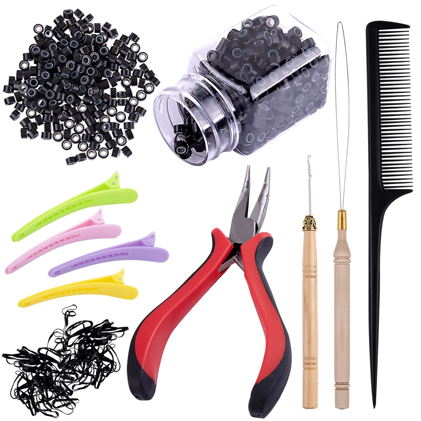 Duufin Hair Extensions Kit 500 Pcs Black Micro Ring Beads 1 Hair Extension Plier 2 Hook Needle Pulling Loop 4 Plastic Alligator
