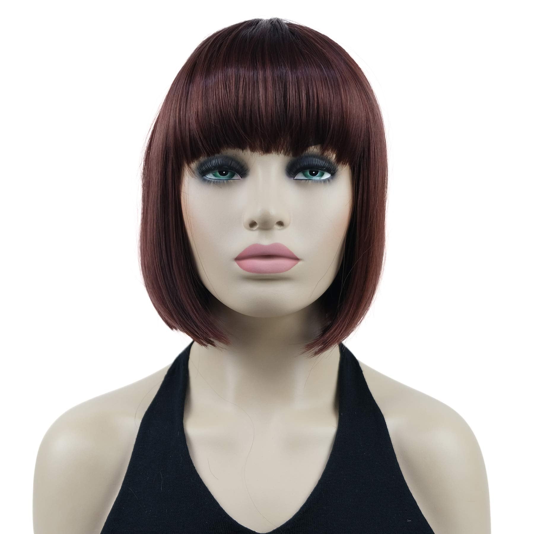 Lydell 8'' Straight Short Bob Hair Flat Bangs Cute Central Dot Skin Top Heat Resistant Synthetic Wigs (33A Dark Auburn)