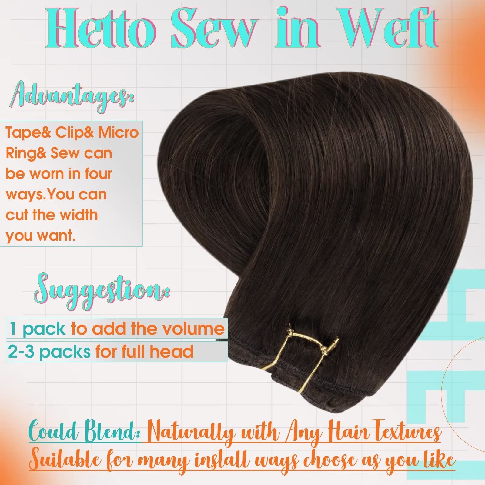 Hetto Brown Weft Hair Extensions Human Hair 20 Inch 100g #2 Darkest Brown Weft Extensions Sew in Human Hair Weft Brazilian Hand
