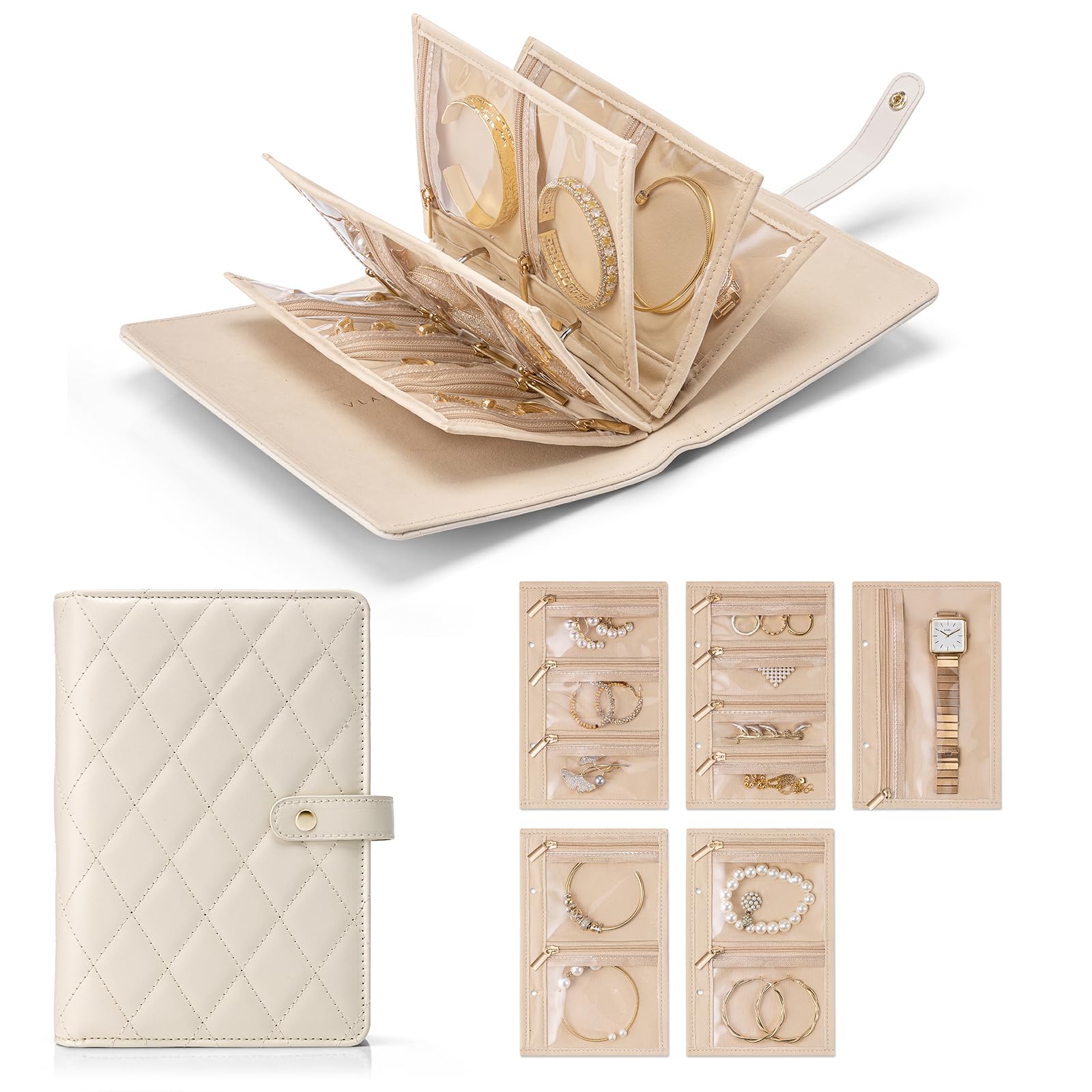 Vlando Travel Jewelry Organizer Case, Jewelry Storage Book Ring Binder with Clear Zipper Velvet Jewelry Pouches Bags for Rings,N