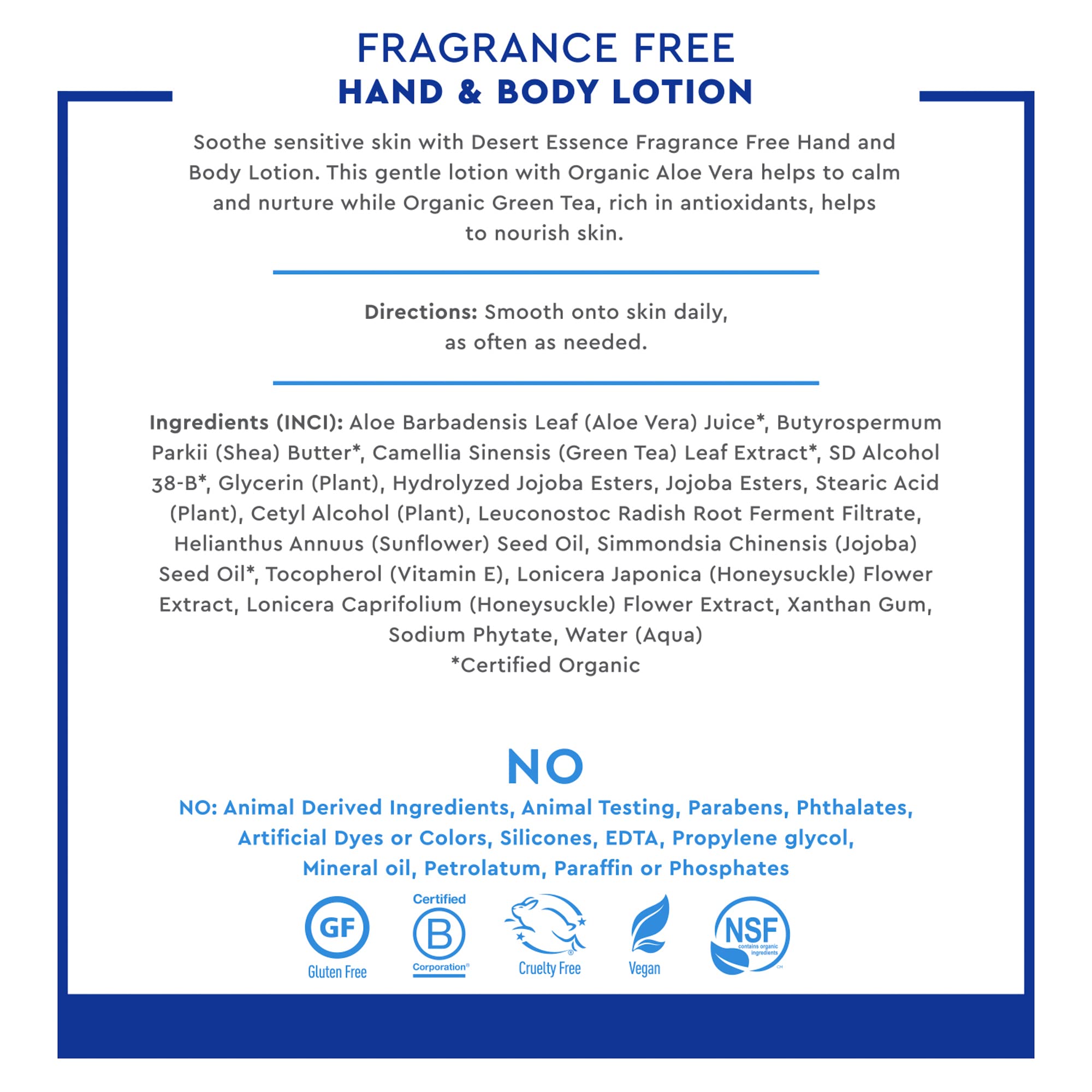 Desert Essence Fragrance Free Hand & Body Lotion - 8 Fl Ounce - Soothing - Aloe Vera - Shea Butter - Green Tea - Coconut Oil - J