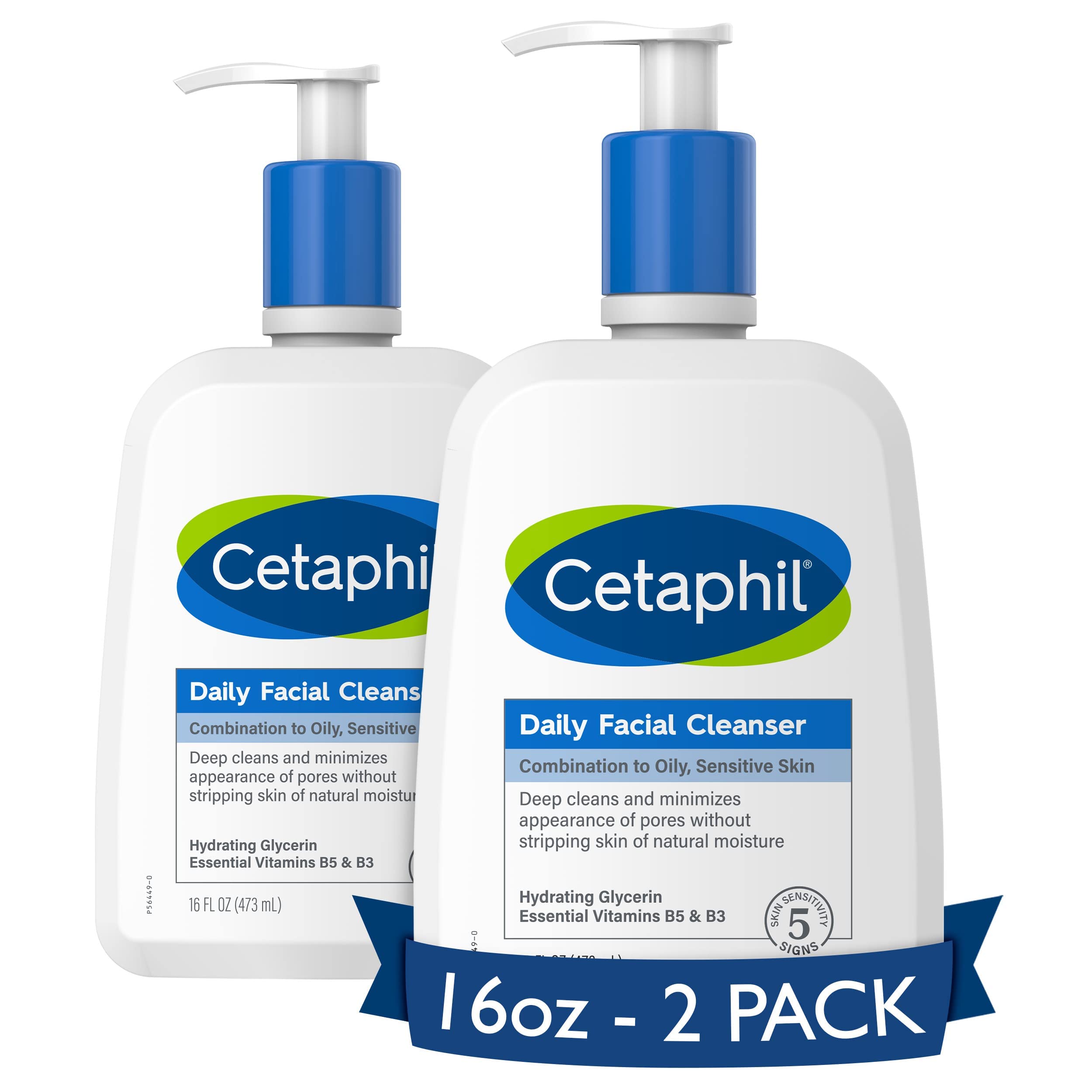 Cetaphil Face Wash, Daily Facial Cleanser For Sensitive, Combination To Oily Skin, New 16 Oz 2 Pack, Gentle Foaming, Soap Free,