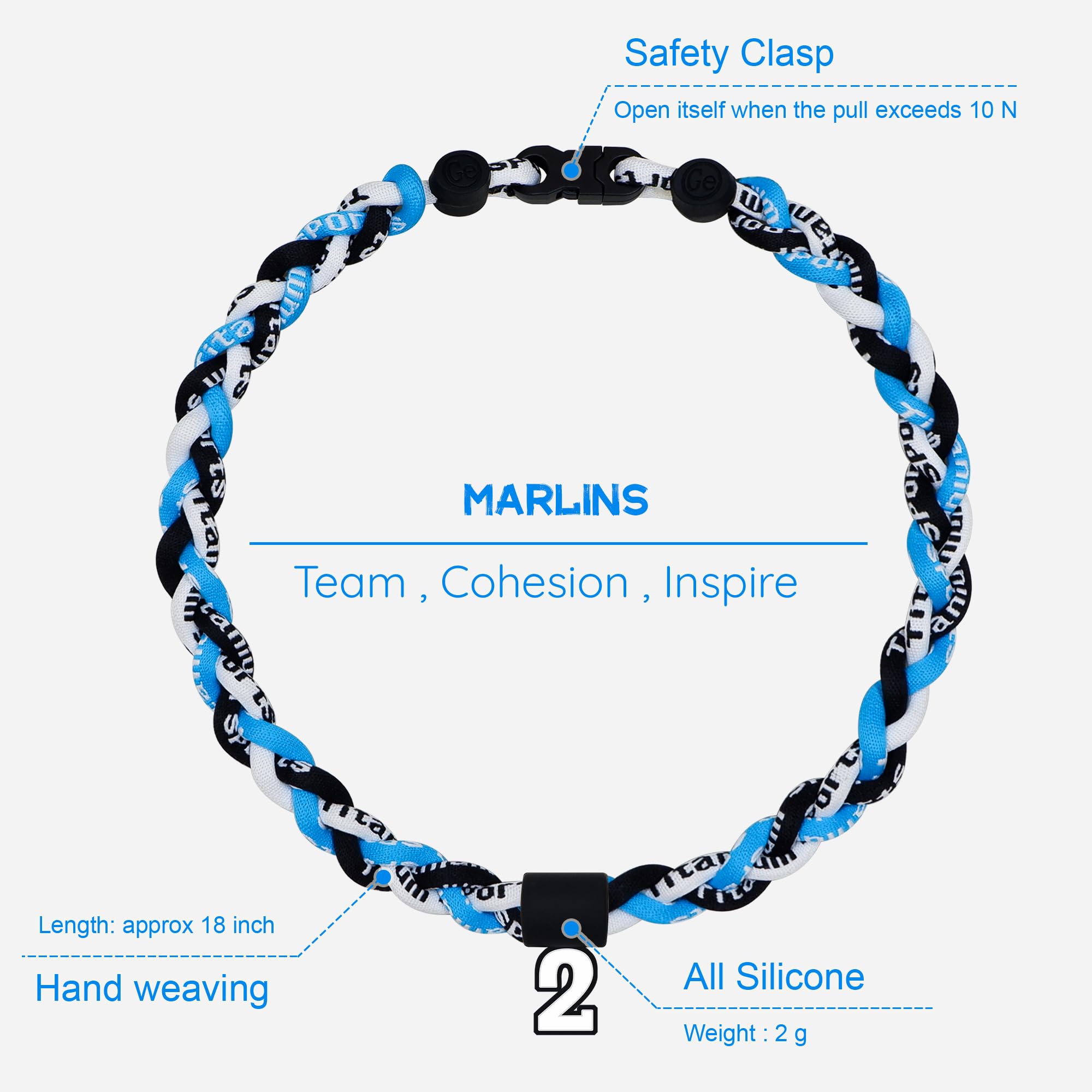SUPBOMM Baseball Rope Necklaces, League Team Colors Braided Necklace with Number Pendant, Baseball Team Gifts, Marlins, No. 2
