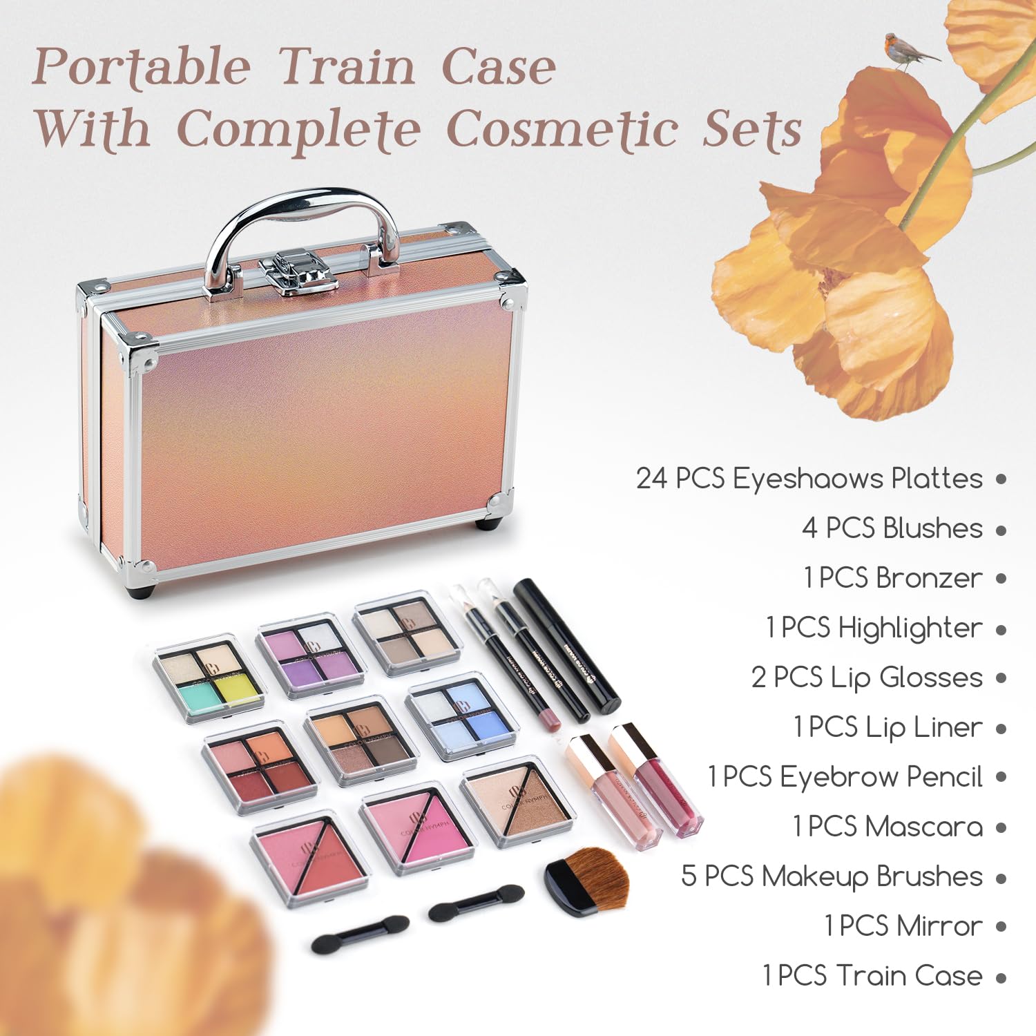 Color Nymph Beginner Makeup Kits For Teens With Train Case Included Full Makeup Kit Eyeshadow Palette Blushes Bronzer Highlighte