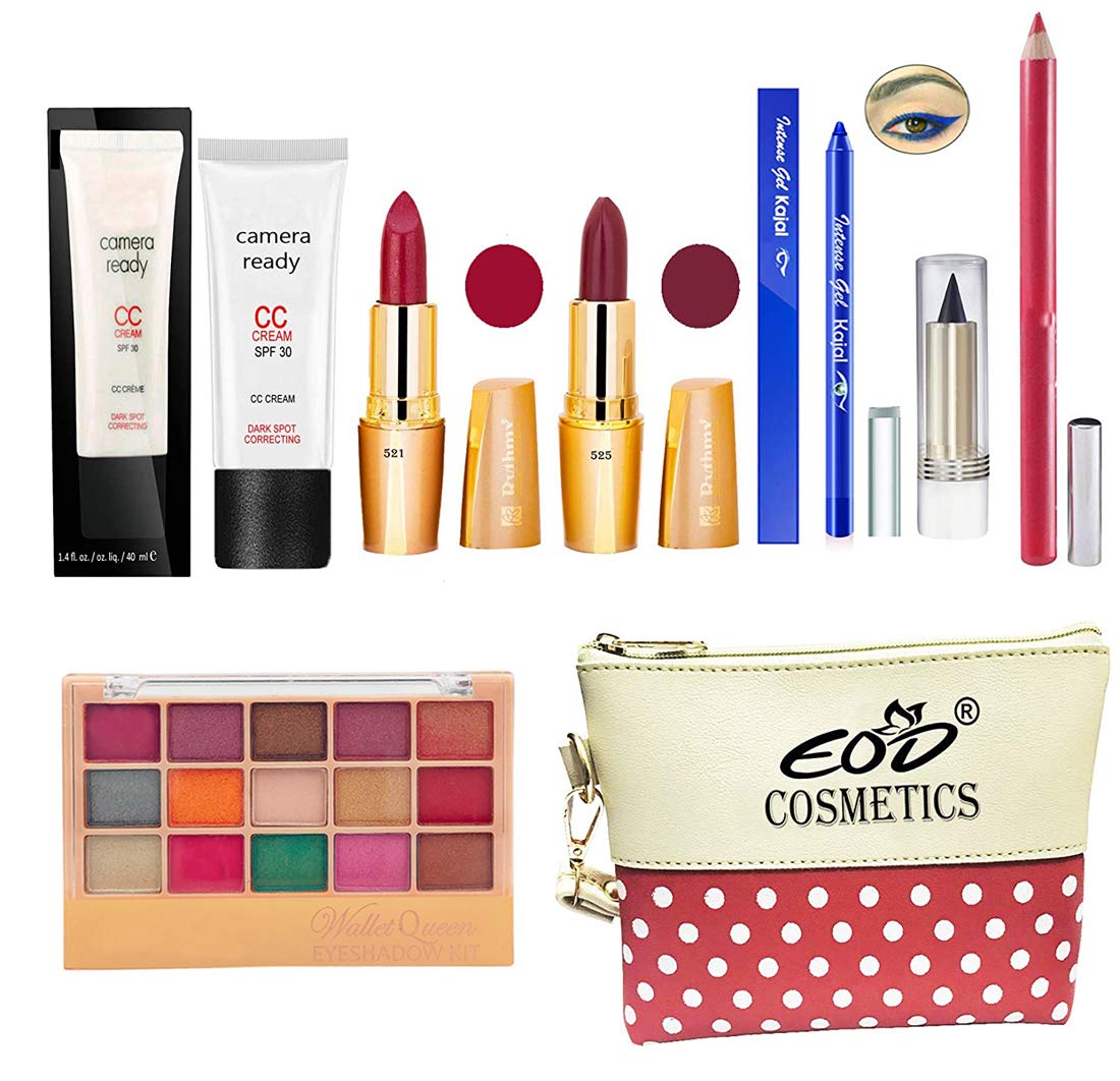 Eod Makeup Kit For Women, Ladies Cosmetics Combo Set With Eyeshadow,Lipstick,Fairness Cream, Blue Kajal Set Of 8 Pcs, C208