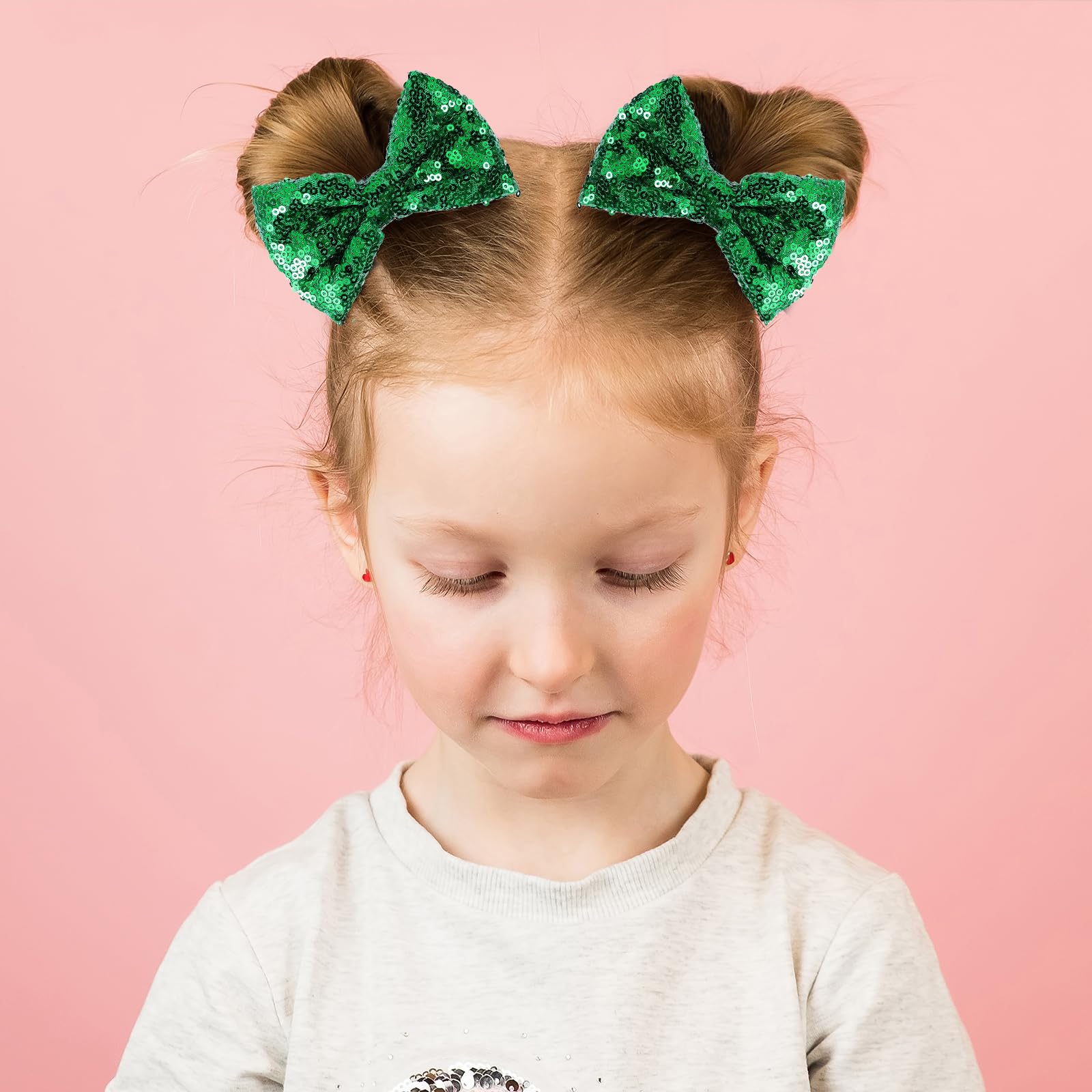 4'' Green Sparkly Glitter Sequin Hair Bows Clips For Toddler Girls Valentines Christmas Birthday Gift Party Dress Outfit Decor A