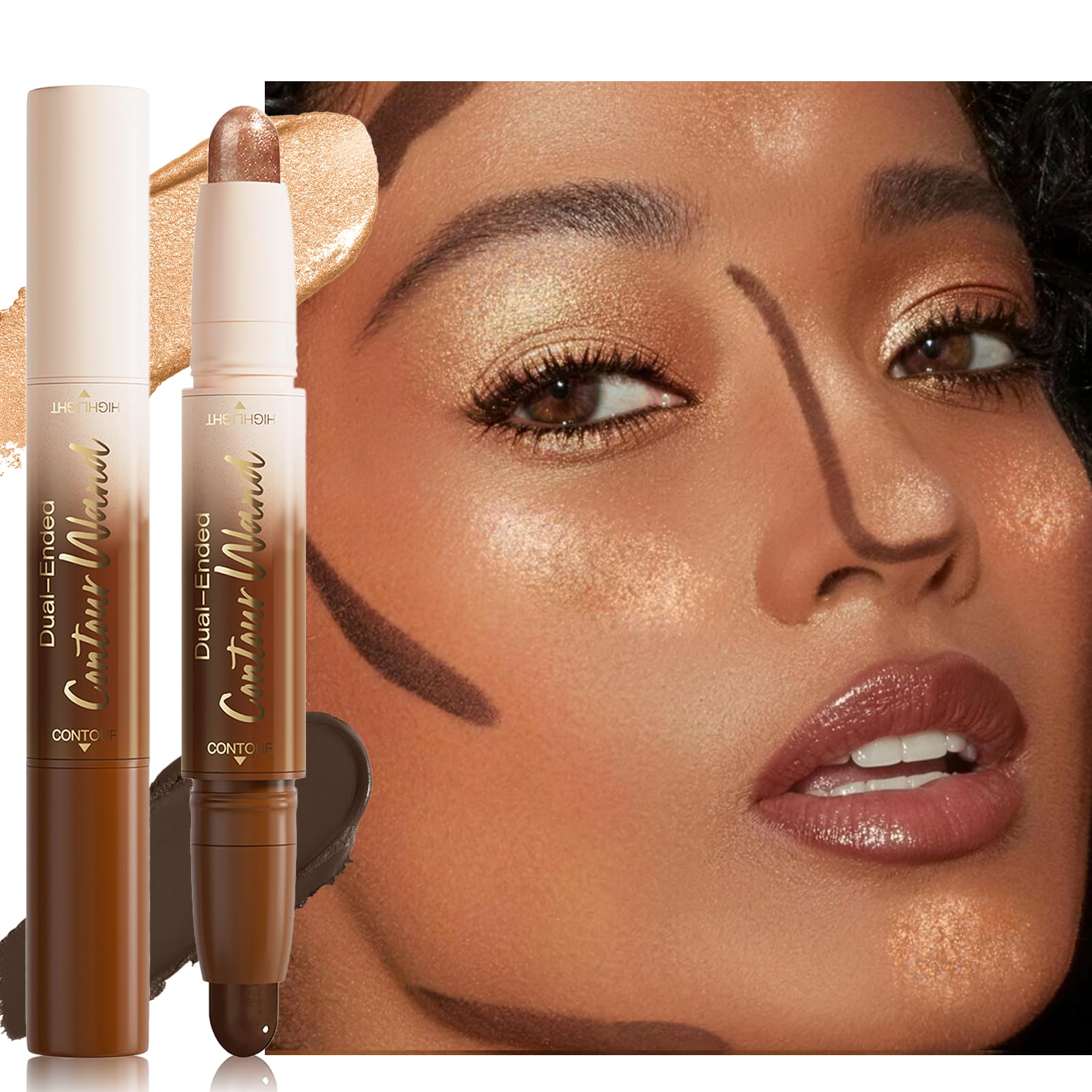 Wugbc DualEnded Contour & Highlight Stick, 2in1 Cream Bronzer & Highlighter Pen, Waterproof Long Lasting Face Sculpting Brigh