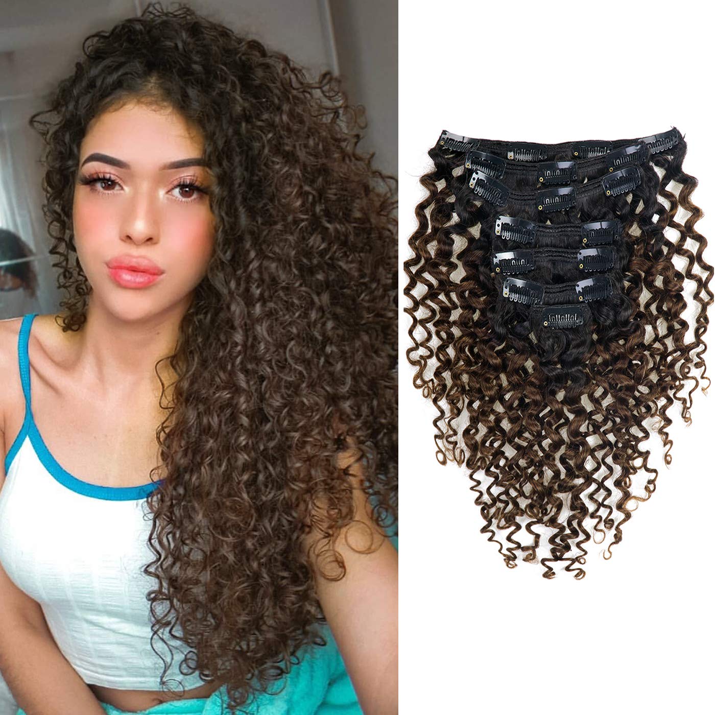 Caliee 22Inch Clip in Hair Extension Jerry Curly Double Weft Human Hair 3B 3C Curly Ombre Color Natural Hair Black Color into #4