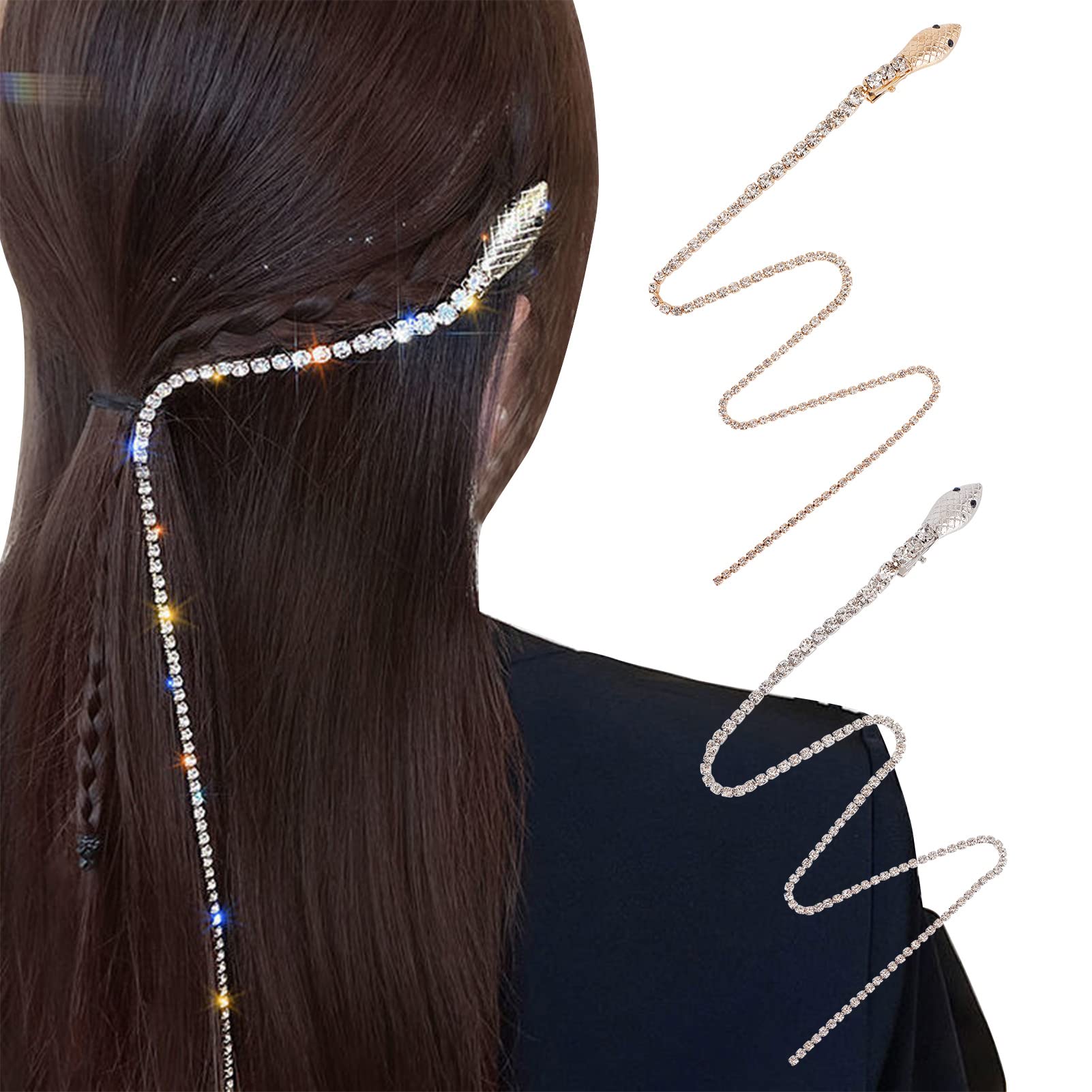 NICENEEDED 2Pcs Full Rhinestones Snake Hair Chains, Punk Crystal Tassel Hair Clip Chains, 20 Inch Long Rhinestone Decorative Hai