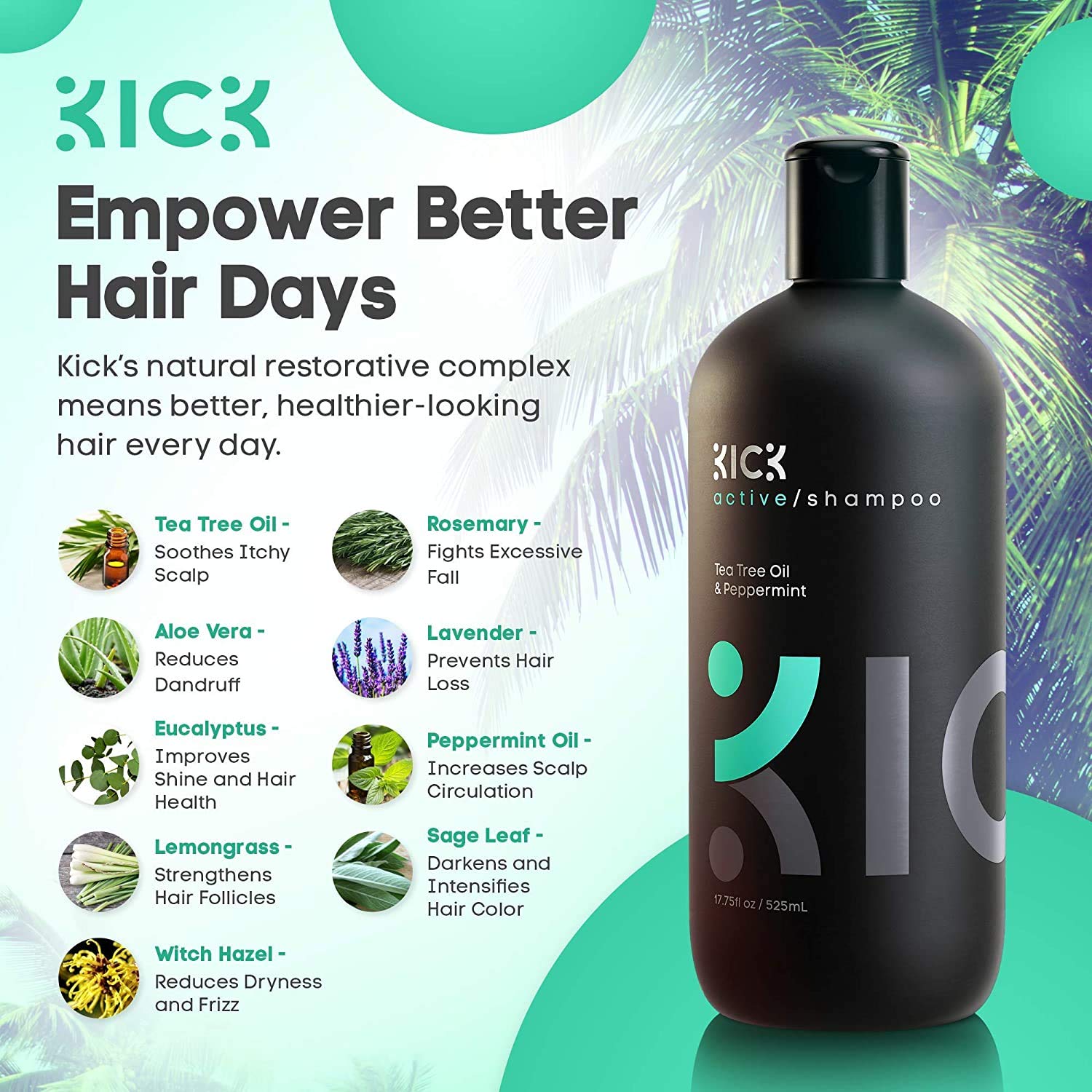 Kick Mens Shampoo - Anti Dandruff Shampoo For Men - Peppermint And Tea Tree Oil Shampoo - Dry Scalp Shampoo For Thinning Hair -