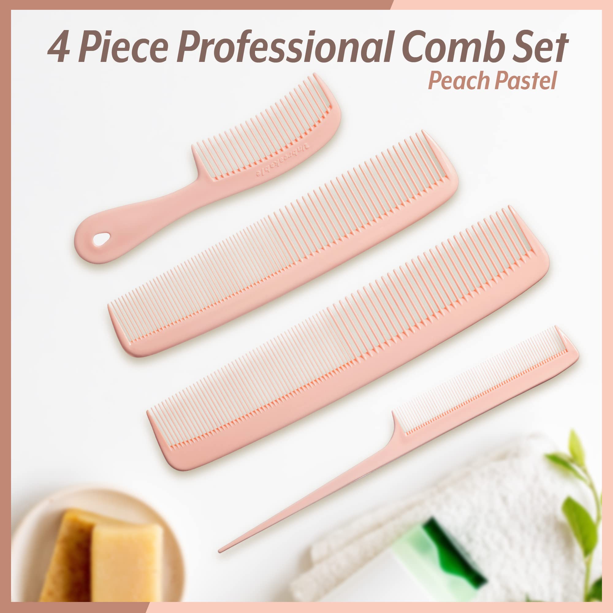Mars Wellness 4 Piece Professional Comb Set Peach Pastel - USA MADE - Fine Pro Tail Combs, Dresser Hair Comb Styling Comb - Prem