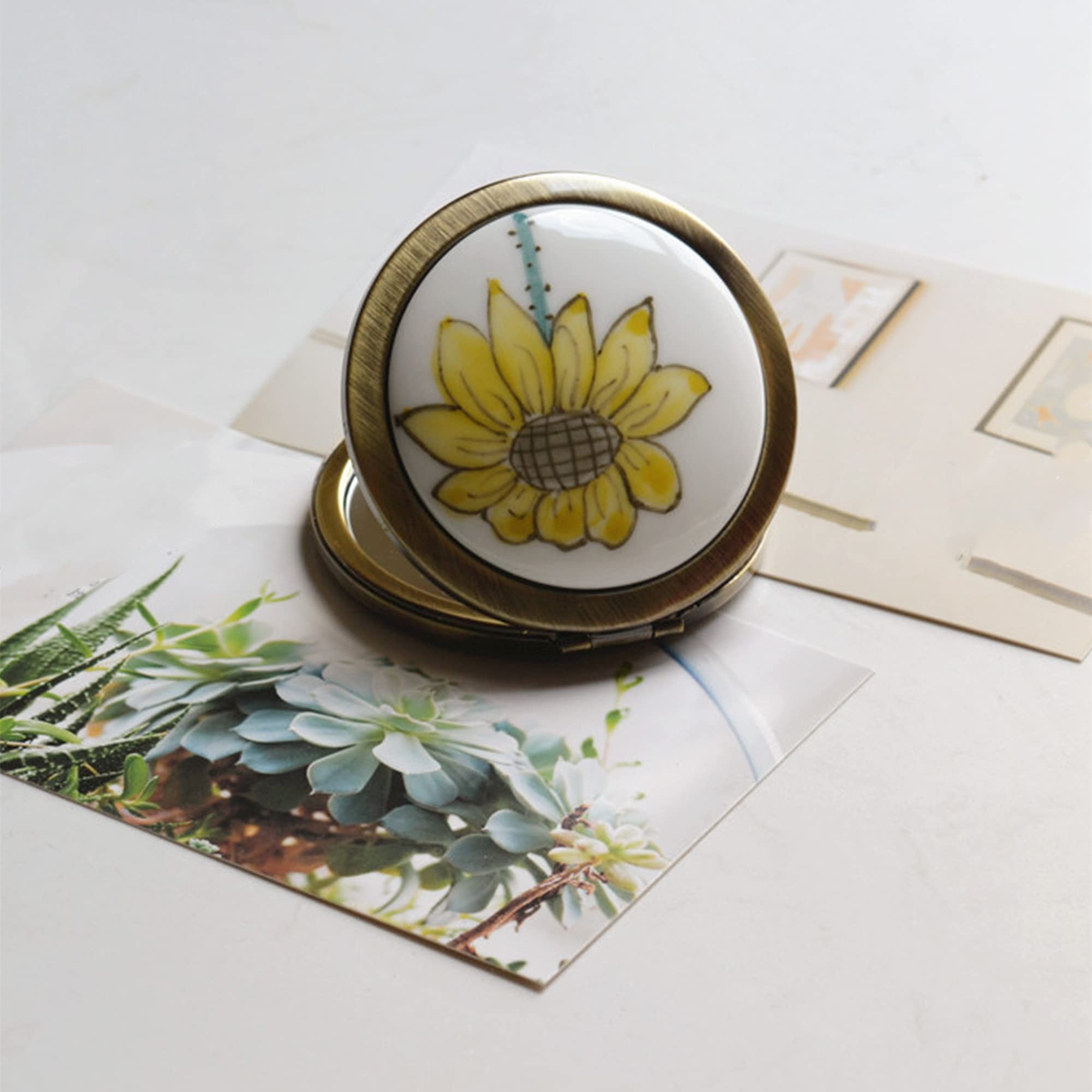 Roseward High End Sunflower Compact Mirror For Purses Hand Painted 1 X /2 X Magnifying Copper Round Hand Mirror Unique Gifts For