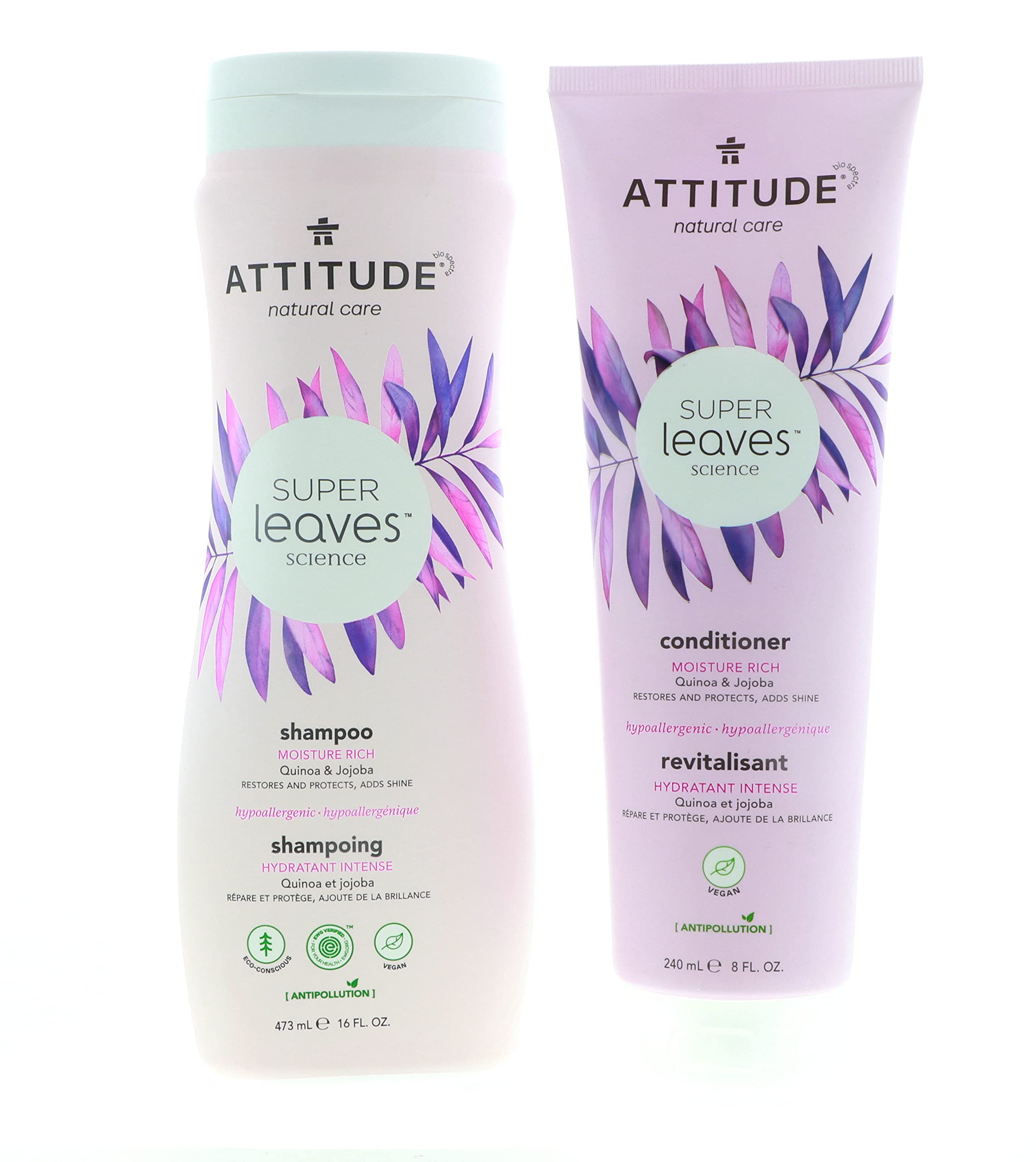 Attitude Super Leaves Moisture Rich Shampoo & Conditioner Bundle With Quinoa, Vitamin B5, Jojoba, Indian Cress, Watercress & Jas