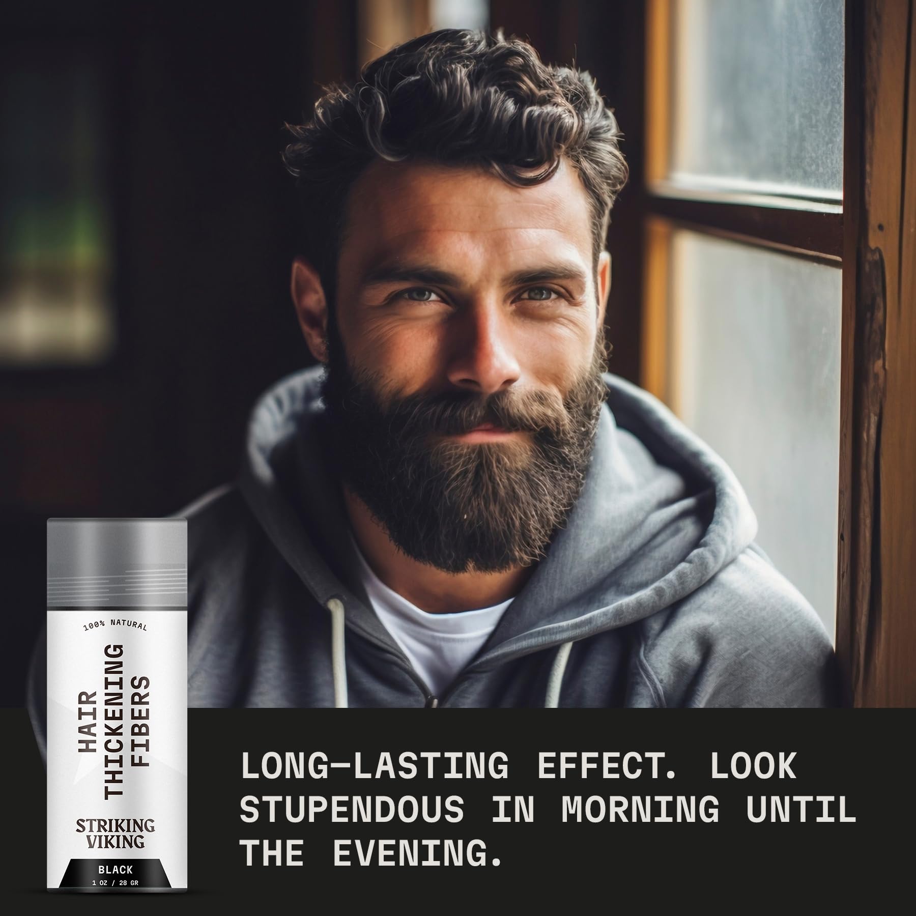 Striking Viking Hair Building Fibers for Thinning Hair (Black) 28g - Natural - Long-Lasting Powder for Undetectable, Thicker Loo