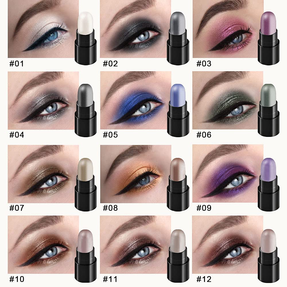 Amy'S Diary 12 Colors Glitter Eyeshadow Stick Pen Makeup Set, Smoky Eye Shadow Pencil Crayon Dnm Waterproof Gold Gray Silver Whi