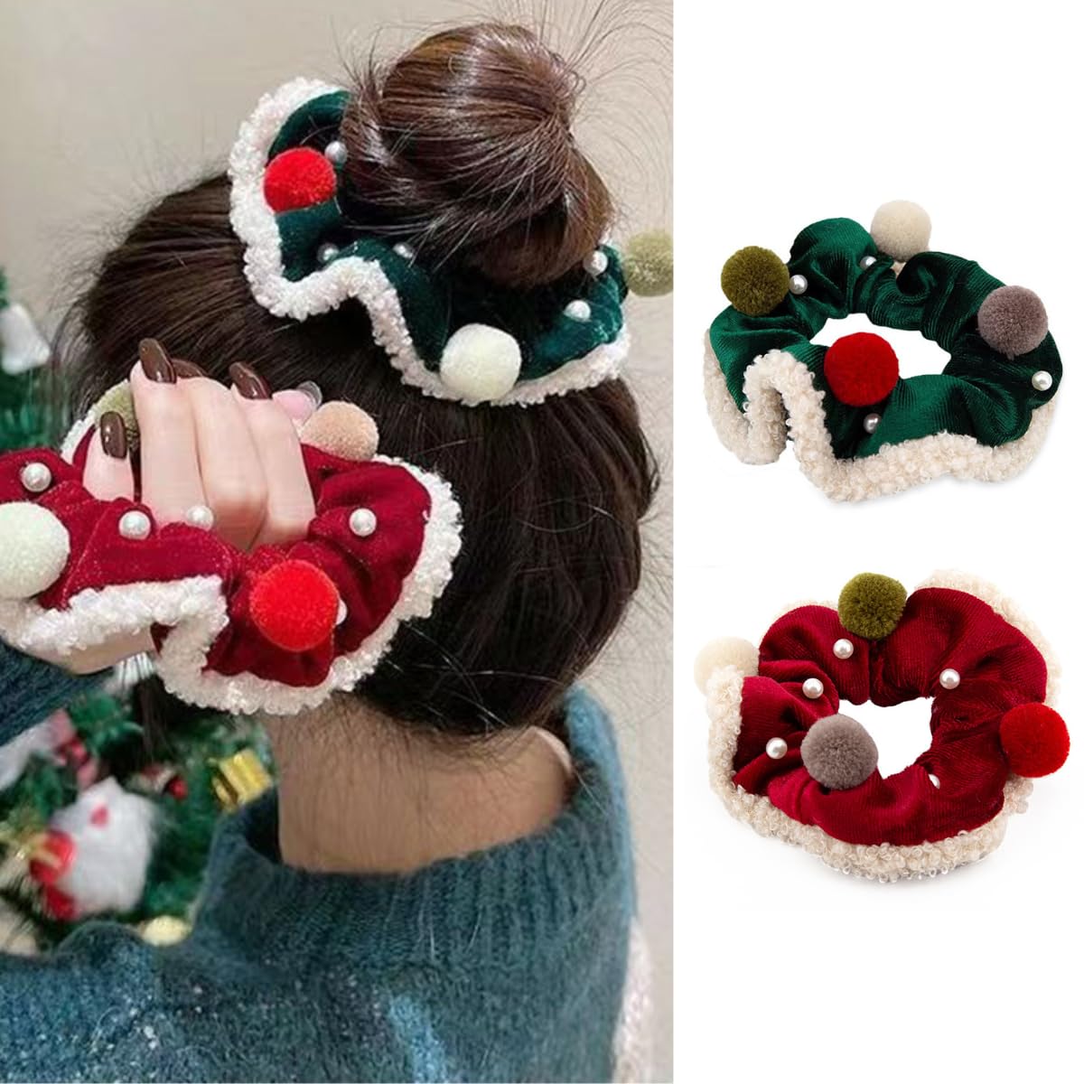 Christmas Scrunchies Xmas Hair Ties for Women Red Hair Accessories Fuzz Ball Design Green Hair Scrunchies Elastics Hair Bands Pa