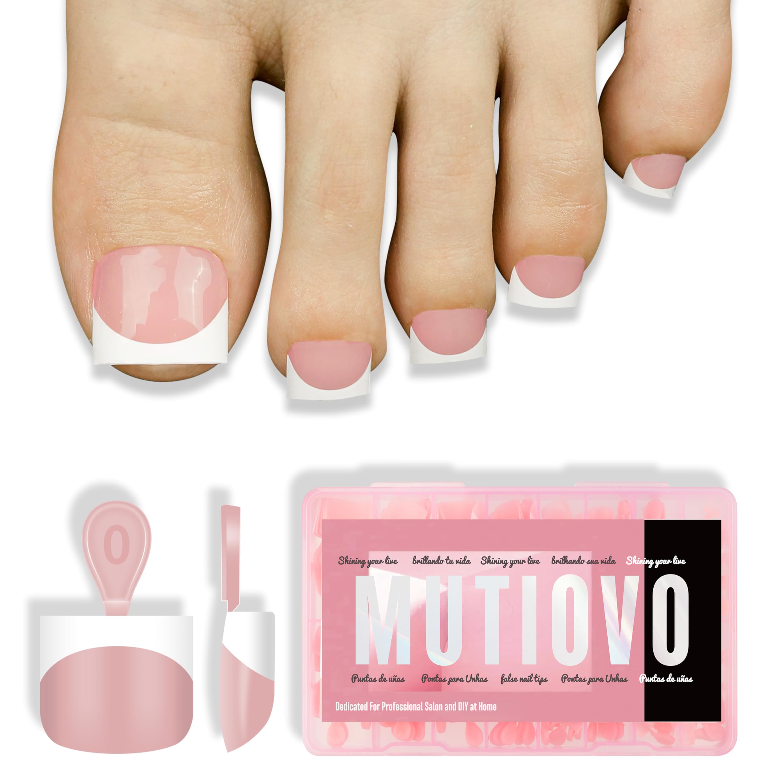 MUTIOVO Extra Short Toe Nail White French Tip BABY PINK,Soft Gel False Toenail Extension Kit,Thick Sharp Square Press On,Need Bu