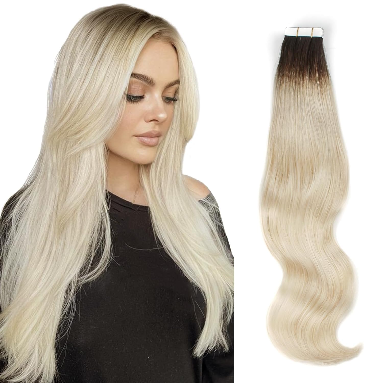 Abh Amazingbeauty Hair Roots Natural Hair Tape Extensions - Invisible Pre Taped Double Sided Remy Human Hair Skin Weft, 20 Piece