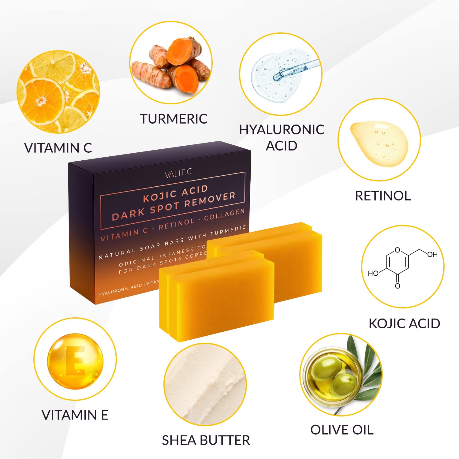 Valitic Kojic Acid Dark Spot Remover Soap Bar With Vitamin C, Retinol, Collagen, Turmeric - Original Japanese Complex - Hyaluron