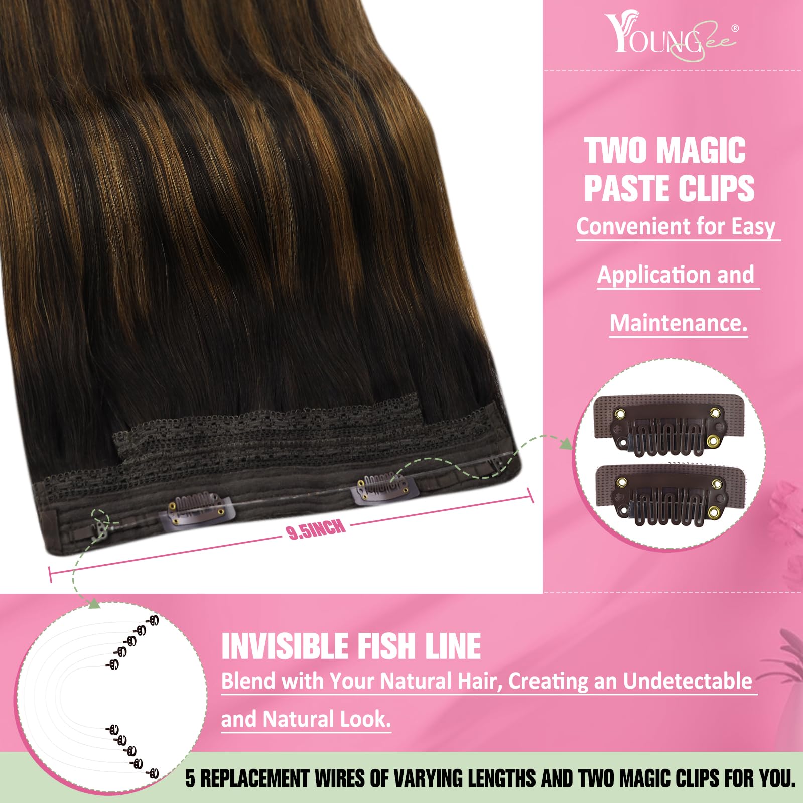 YoungSee Wire Hair Extensions Brown Balayage Straight Wire Real Hair - Darkest Brown & Medium Brown, Hypoallergenic Fish Line De