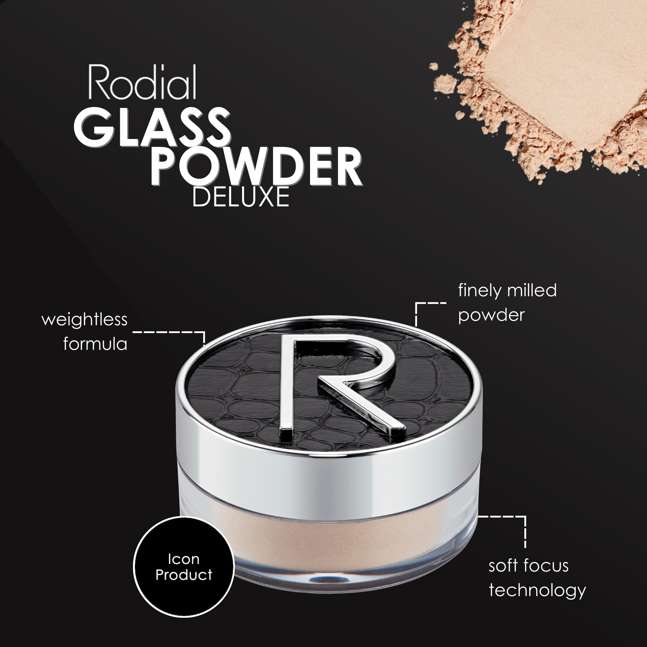 Rodial Glass Powder Mini 0.10oz., Skin Perfecting Loose Face Powder, Creamy Formula for a Natural Luminosity Glow, Finishing Pow