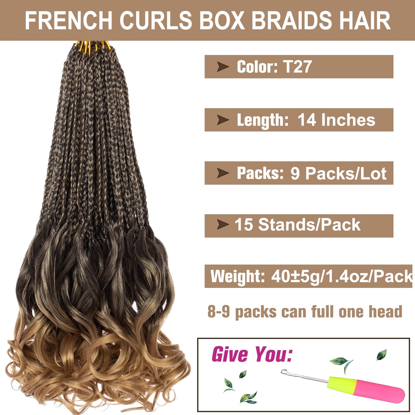 COOKOO 14 Inch Pre Looped French Curl Crochet Braids 9 Pack Ombre Blonde French Curly Bouncy Braiding Hair With Curly Ends Pre-s