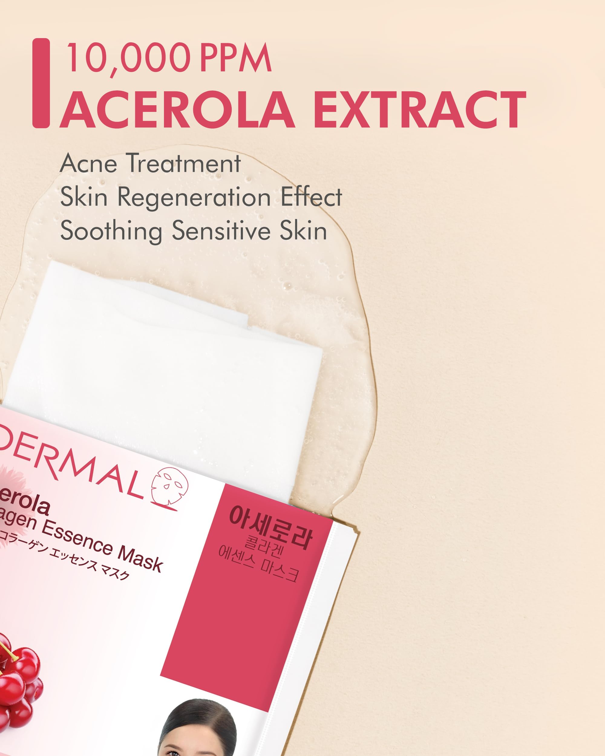 DERMAL Acerola Collagen Essence Facial Mask Sheet 23g Pack of 10 - Skin Clearing, Reduces Blemishes, Elasticity Care, Daily Skin