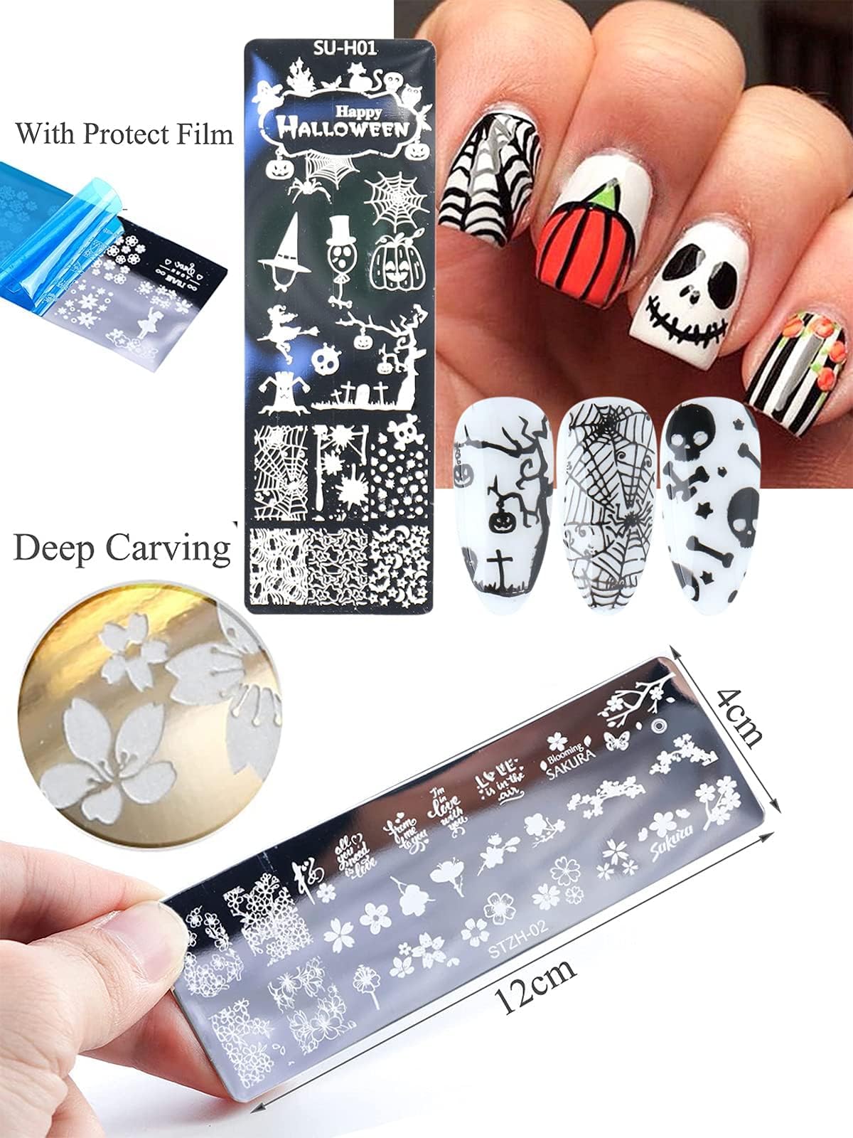 EBANKU 8PCS Halloween Nail Art Stamping Plates Templates Halloween Nail Stamp Plate Pumpkin Skull Bat Witch Nail Stamper Plates