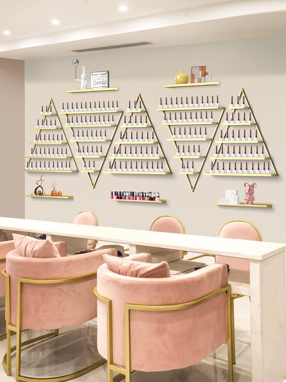 10Pcs Metal Wall-Mounted Nail Polish Storage Racks, Lorvain 5 Tiers Gold Triangular Display Rack Cosmetic Display Cases Lipstick