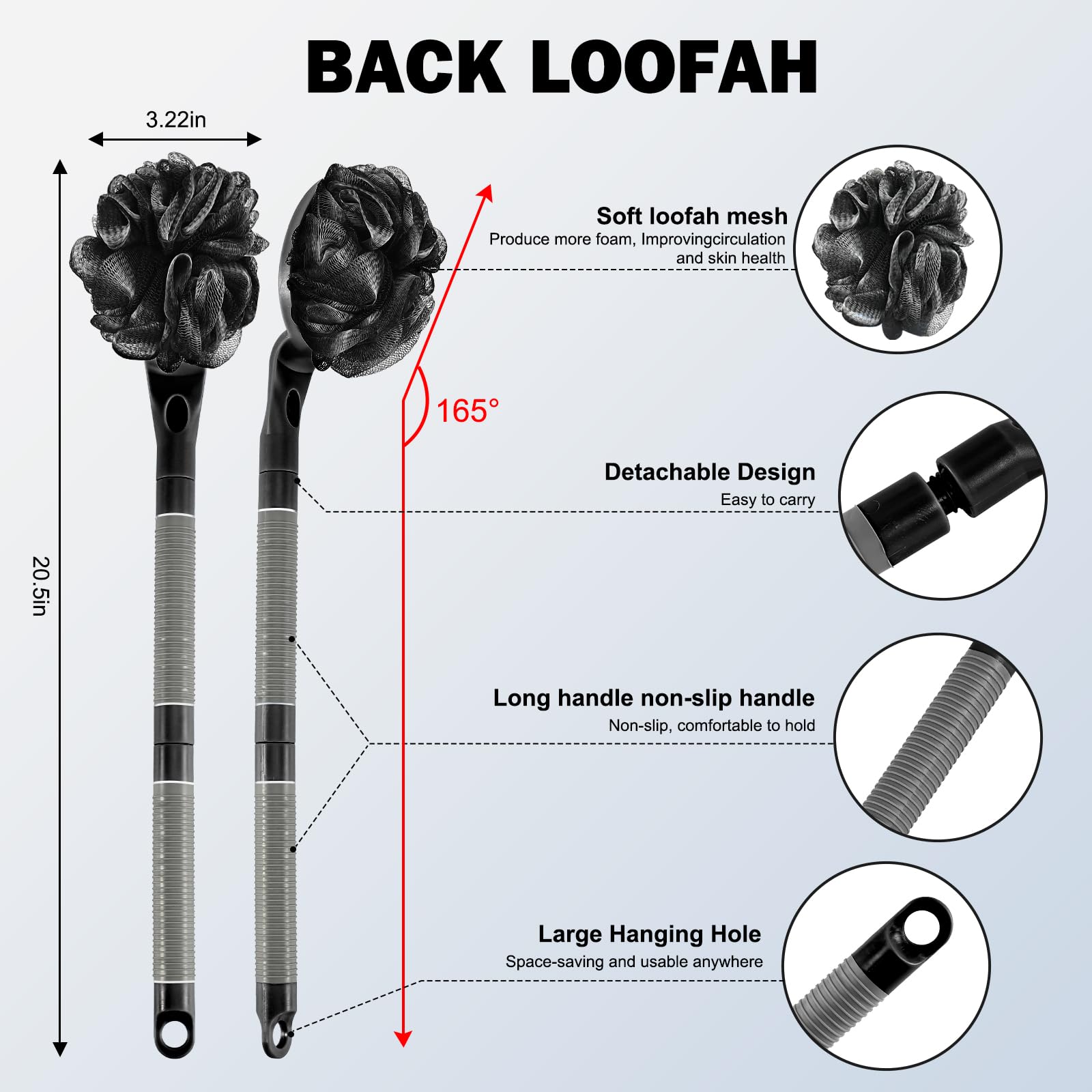 Loofah With Handle, 21.7    Detachable Loofah Back Scrubber, Back Loofah, Exfoliation And Improved Skin Health, Shower Loofah Fo